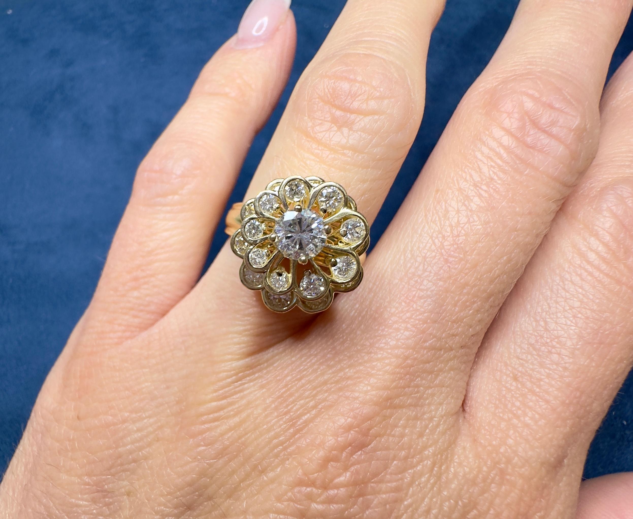 Women's Unique 14k Yellow Gold Floral Diamond Spinner Ring 1.42 Carat Total For Sale