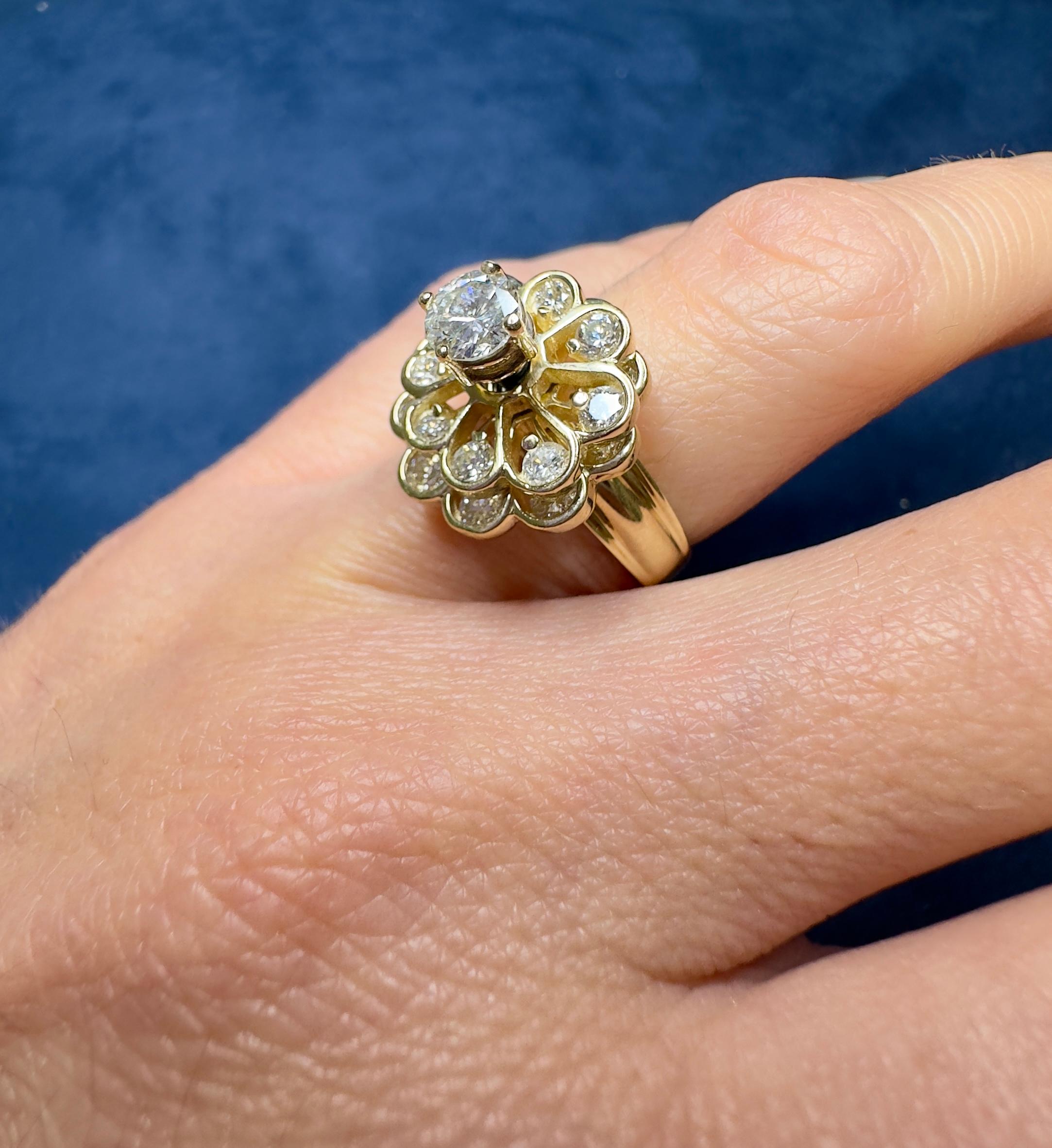 Unique 14k Yellow Gold Floral Diamond Spinner Ring 1.42 Carat Total For Sale 1