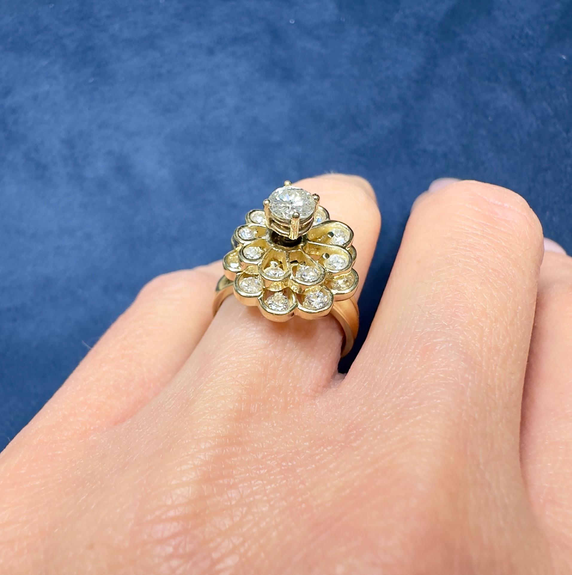 Unique 14k Yellow Gold Floral Diamond Spinner Ring 1.42 Carat Total For Sale 2