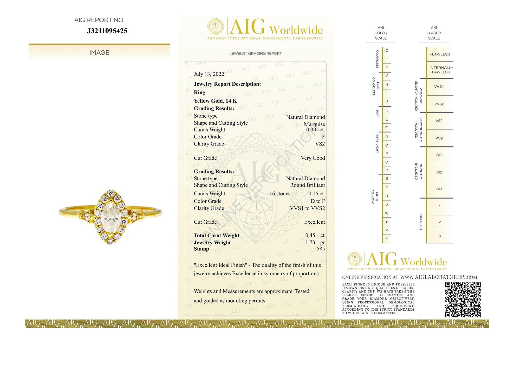 Einzigartiger Halo-Ring aus 14 Karat Gelbgold mit 0,45 Karat natrlichen Diamanten im Marquiseschliff-AIG-zertifiziert Damen