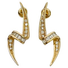 Unique 14K Yellow Gold Linear Modern Channel Set Diamond Earrings with Appraisal
