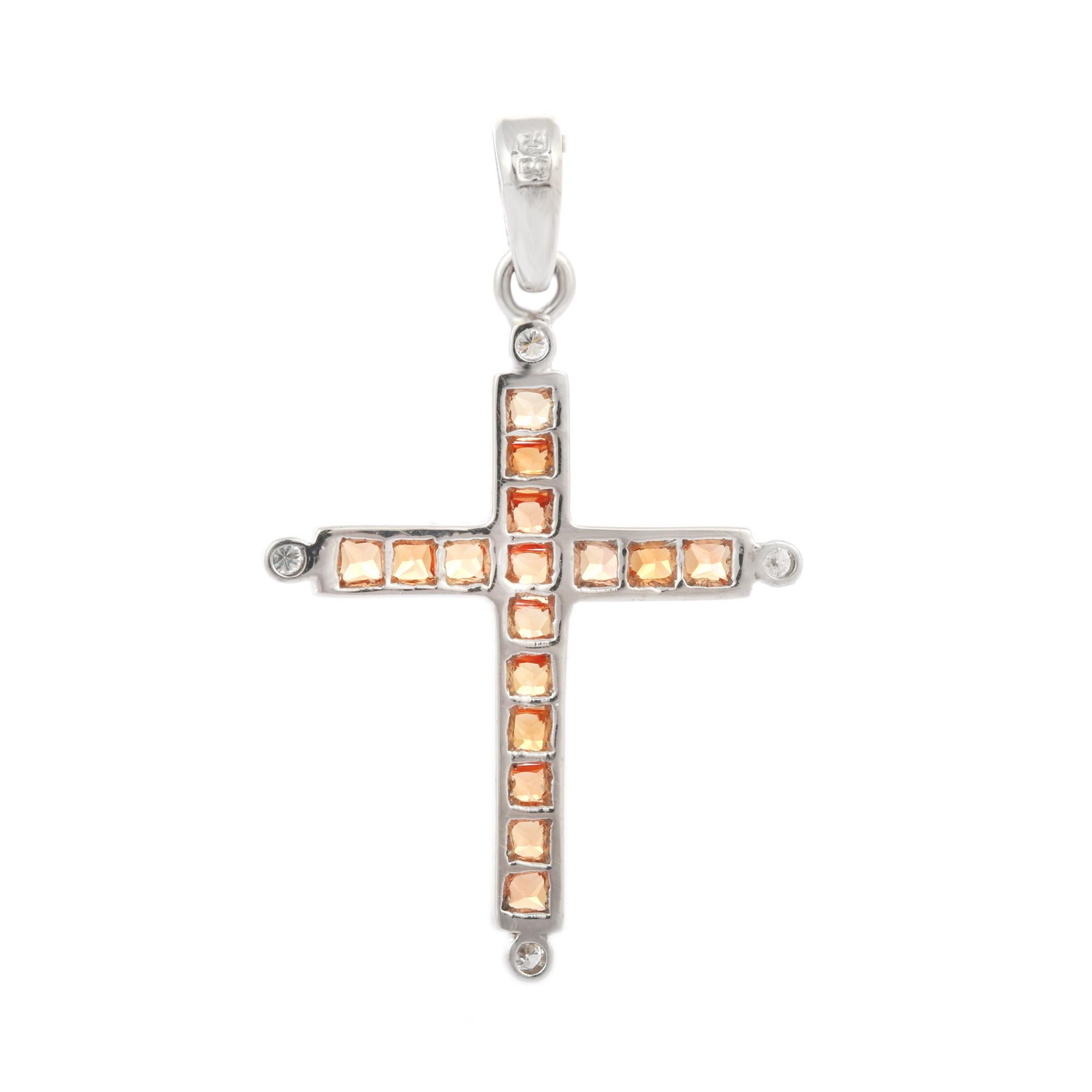 Square Cut Orange Sapphire Diamond Cross Pendant 18k White Gold, Unisex Gemstone Pendant For Sale