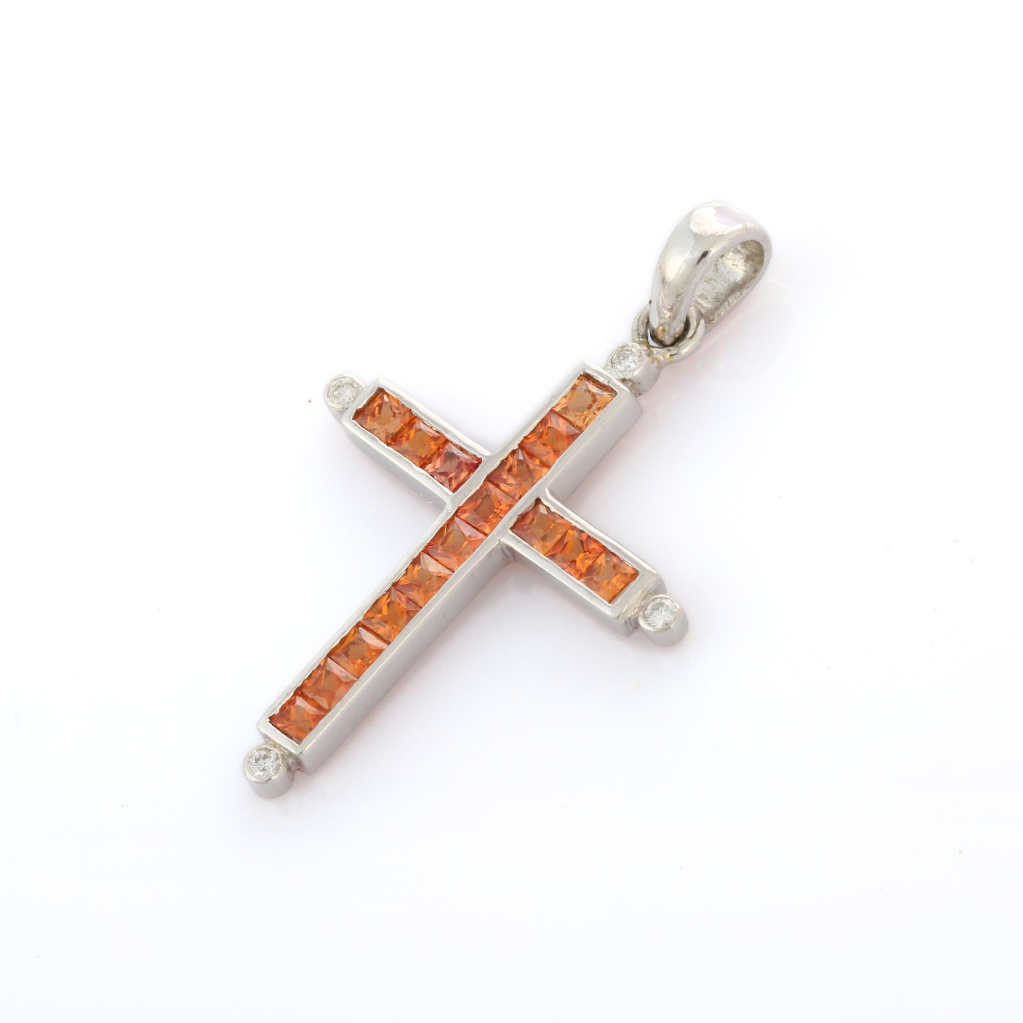 Orange Sapphire Diamond Cross Pendant 18k White Gold, Unisex Gemstone Pendant In New Condition For Sale In Houston, TX
