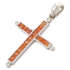 Unique 1.5 ct Orange Sapphire Diamond Cross Pendant Embedded in 18K White Gold 