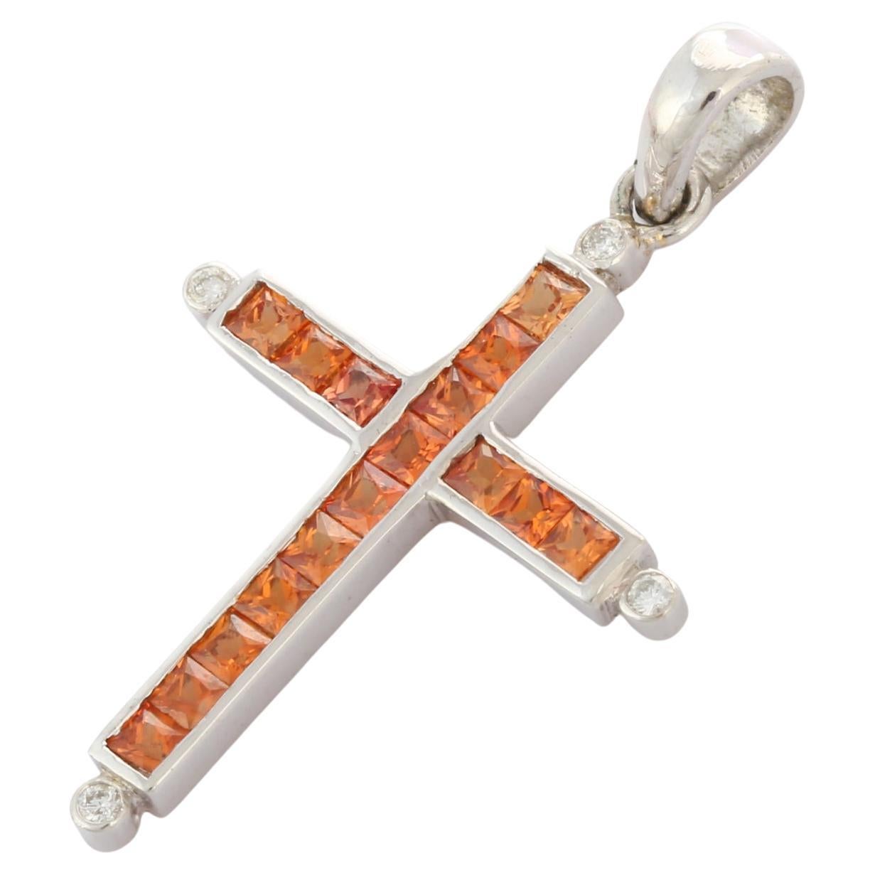 Orange Sapphire Diamond Cross Pendant 18k White Gold, Unisex Gemstone Pendant For Sale