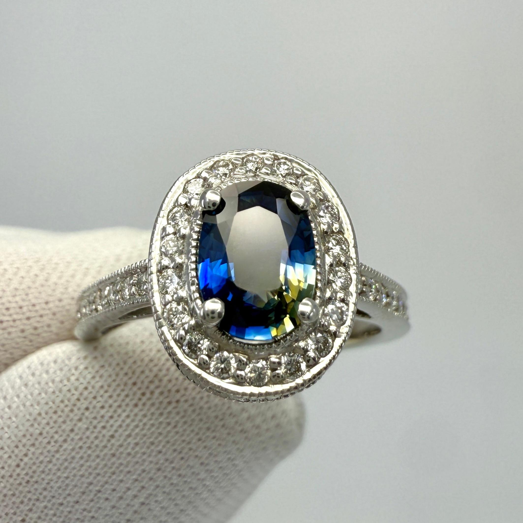 Taille ovale Bague Halo en or blanc 18k avec saphir bleu jaune et diamant d'une valeur de 1,53ct. en vente