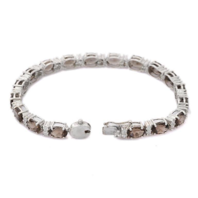 Oval Cut Unique 15.70 Carat Smoky Topaz and CZ Bracelet in 925 Sterling Silver For Sale
