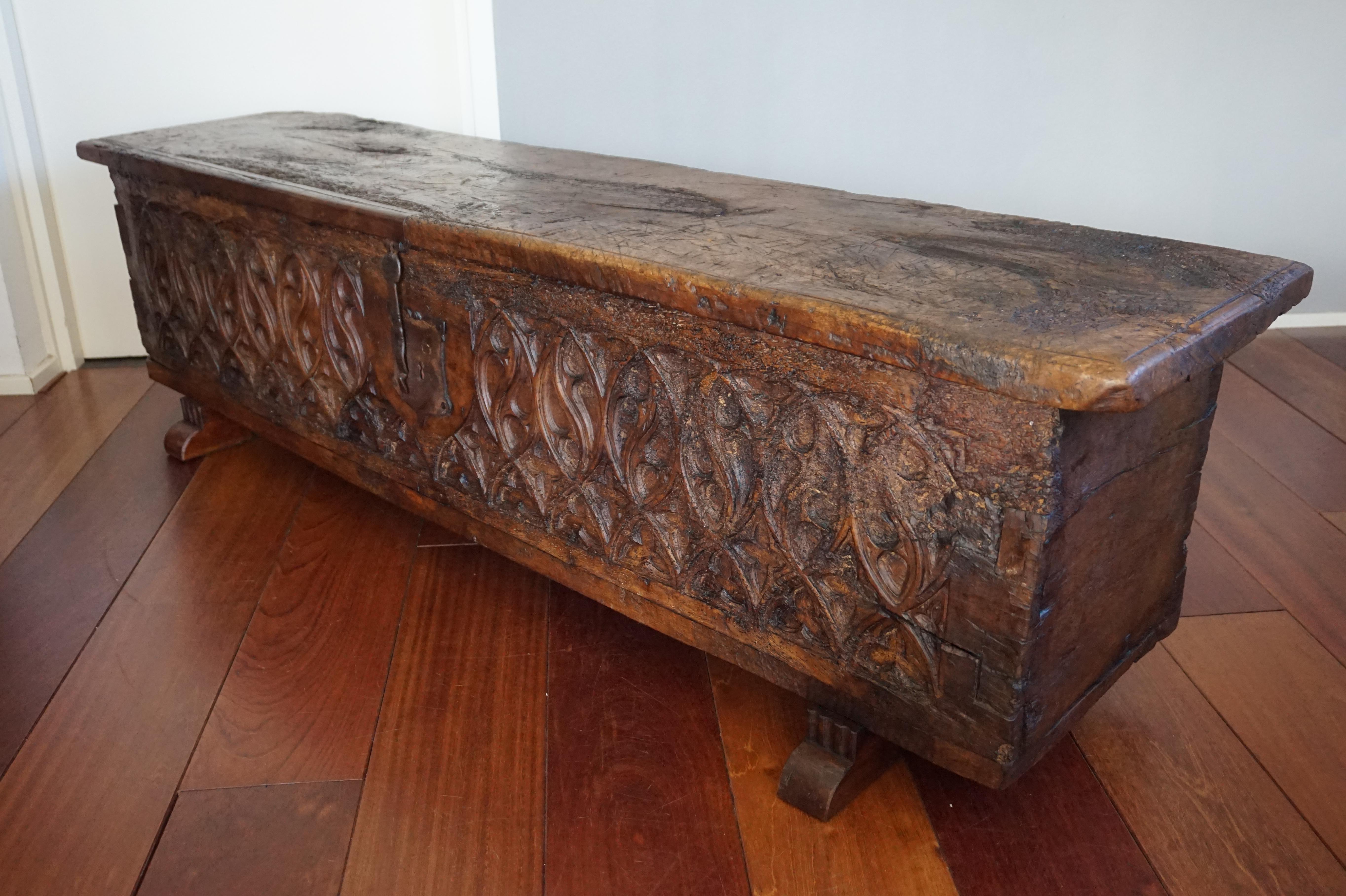 Forged Unique 16th Century, Hand Carved French Gothic Revival Nutwood Blanket Chest