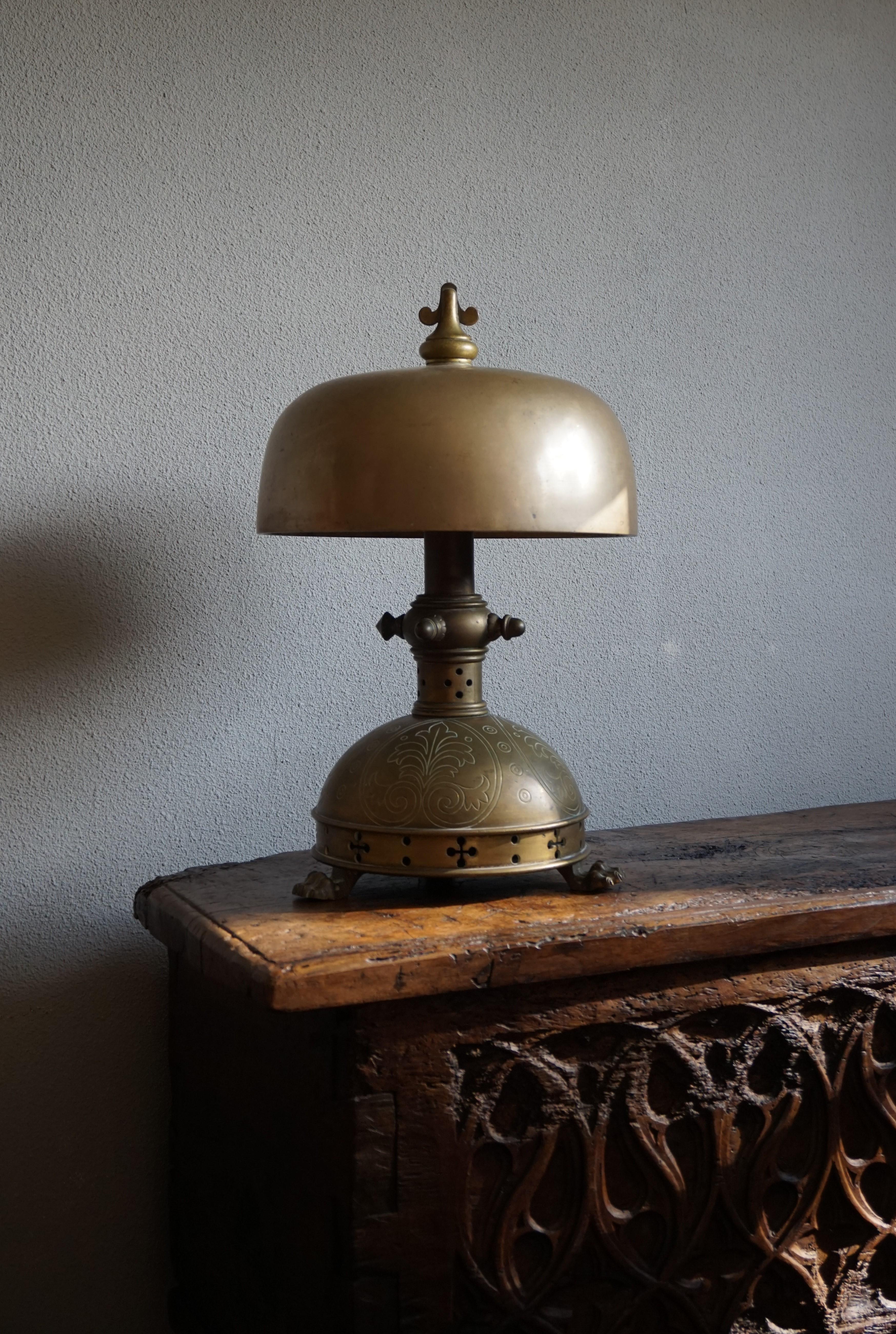 Large, great quality and marvelous design, 19th century Gothic gong.

This antique church relic is another one of our recent great finds. The mushroom shape must have inspired someone to turn this rare going into a table lamp. It looks great and it