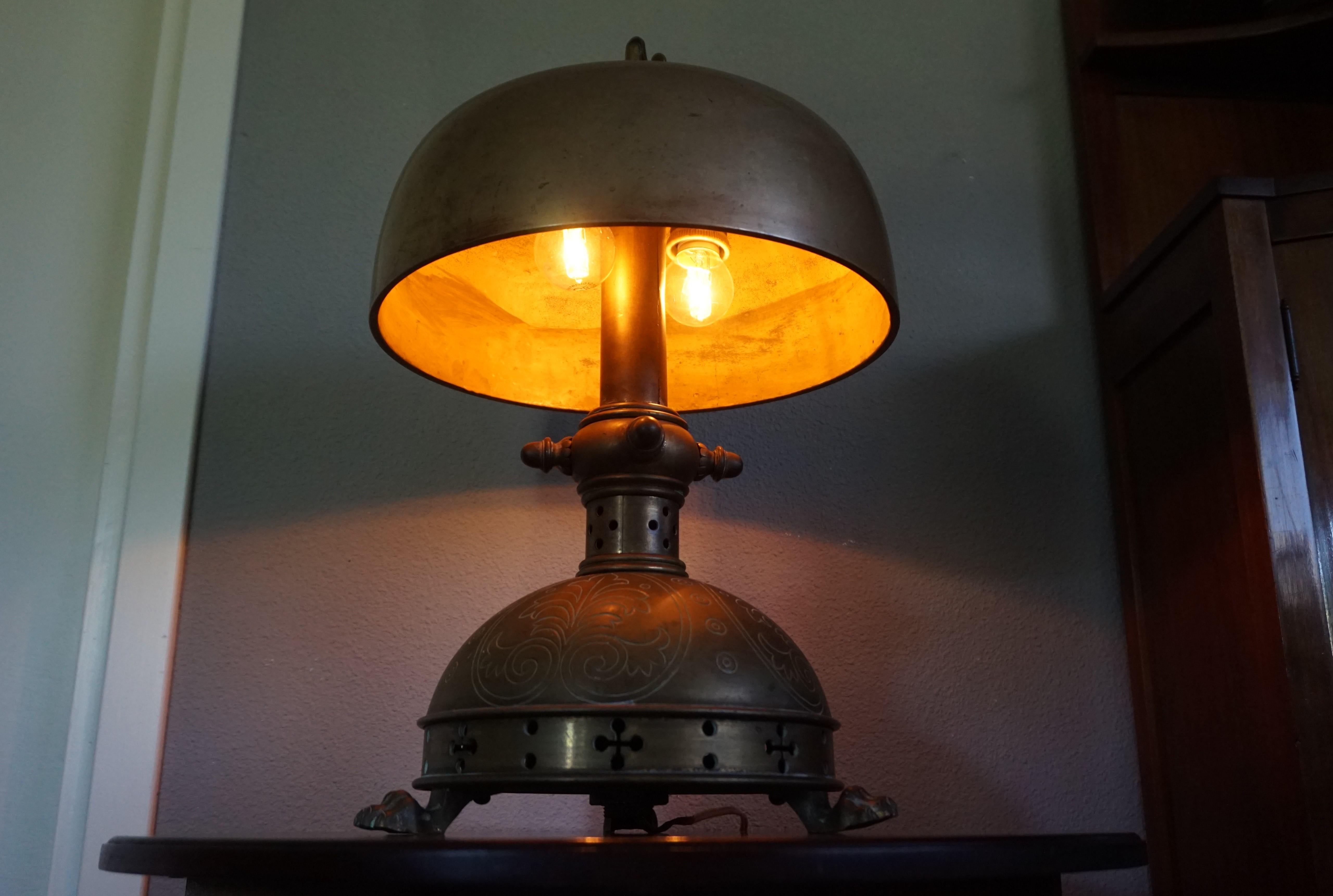 Cast Unique 1800s Gothic Revival Bronze Church Altar Gong Also Usable as Table Lamp