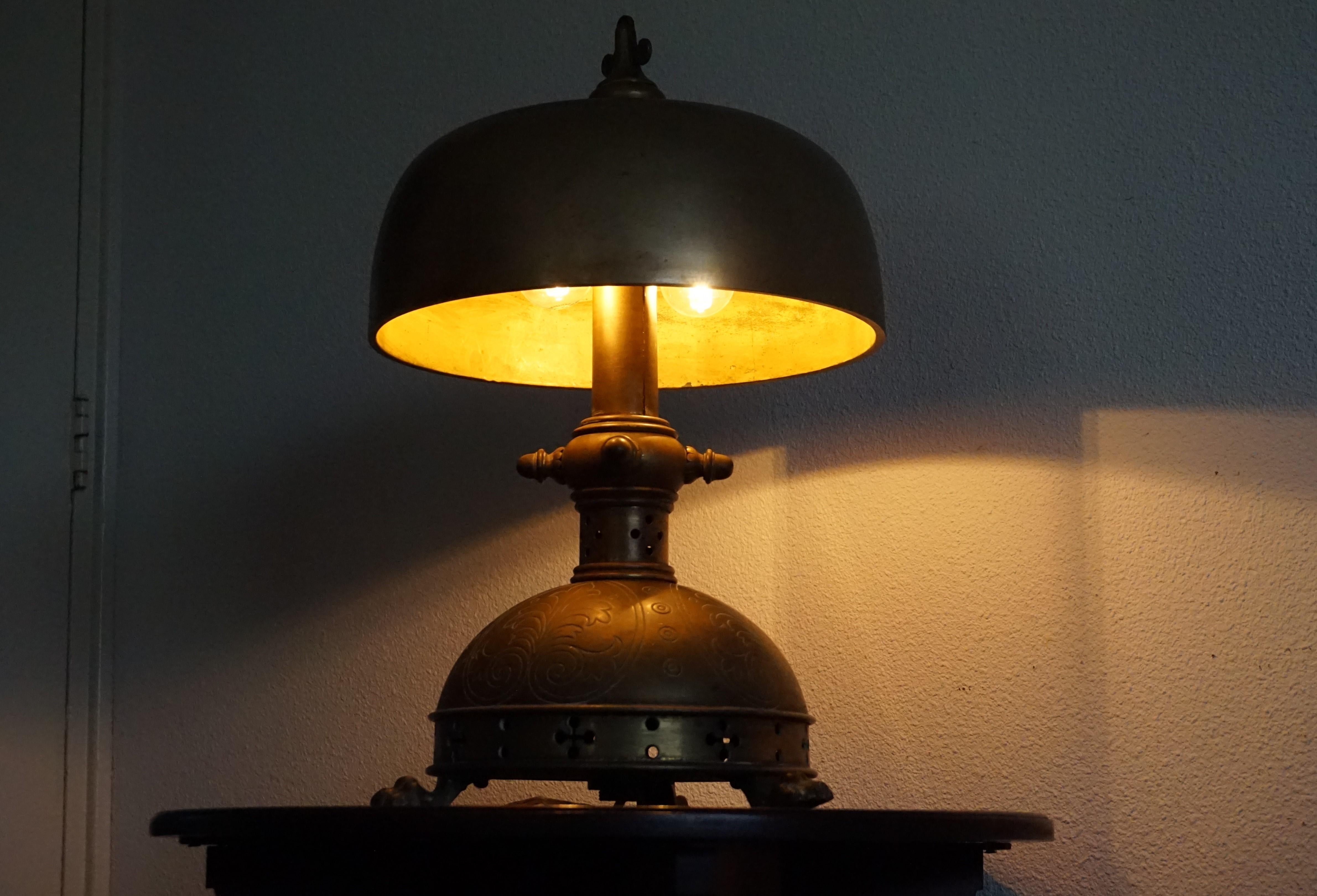 Brass Unique 1800s Gothic Revival Bronze Church Altar Gong Also Usable as Table Lamp