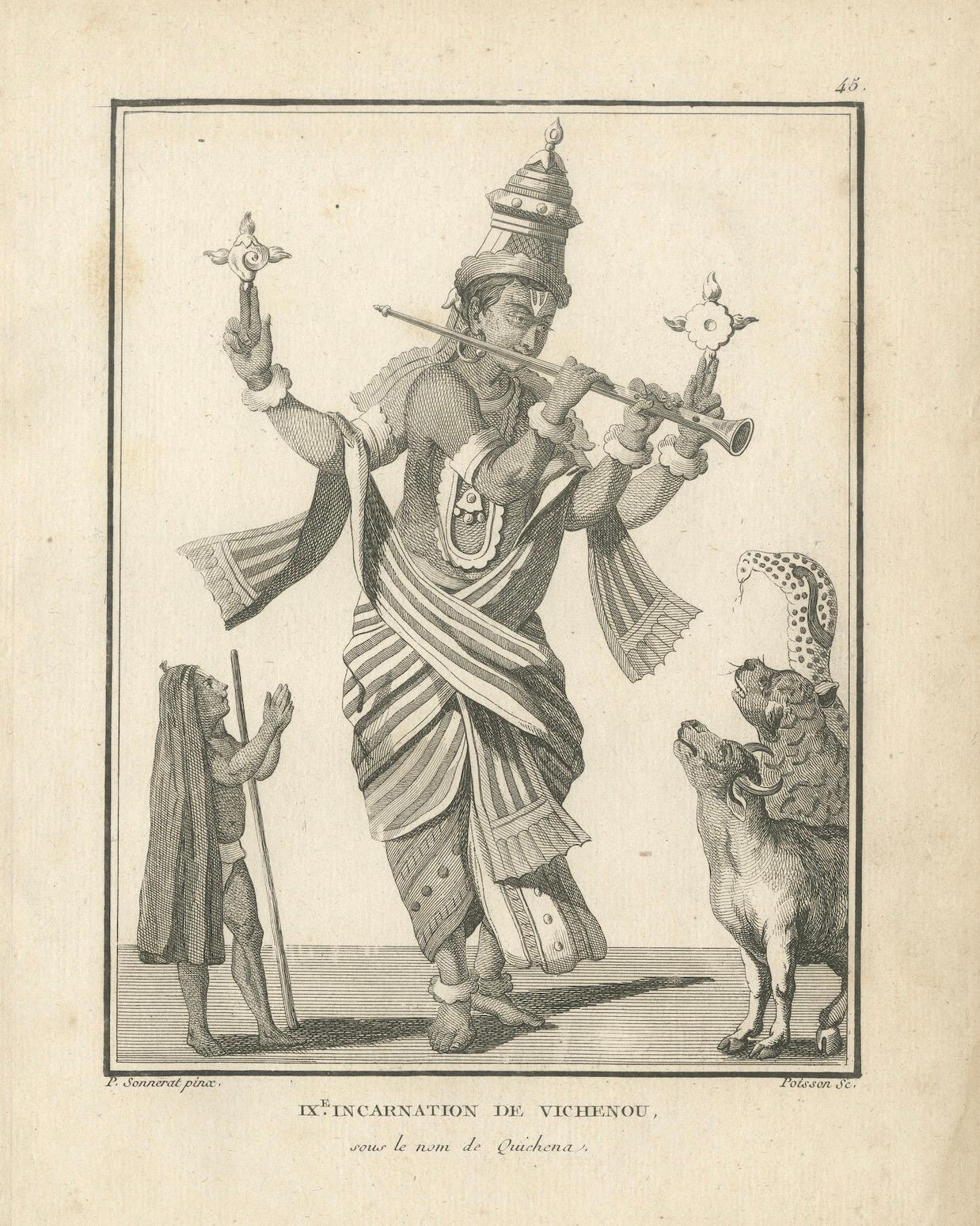 Impression ancienne unique du Bouddha Vishnu Avatar, gravure hindoue, pièce de collection, 1806 en vente 1