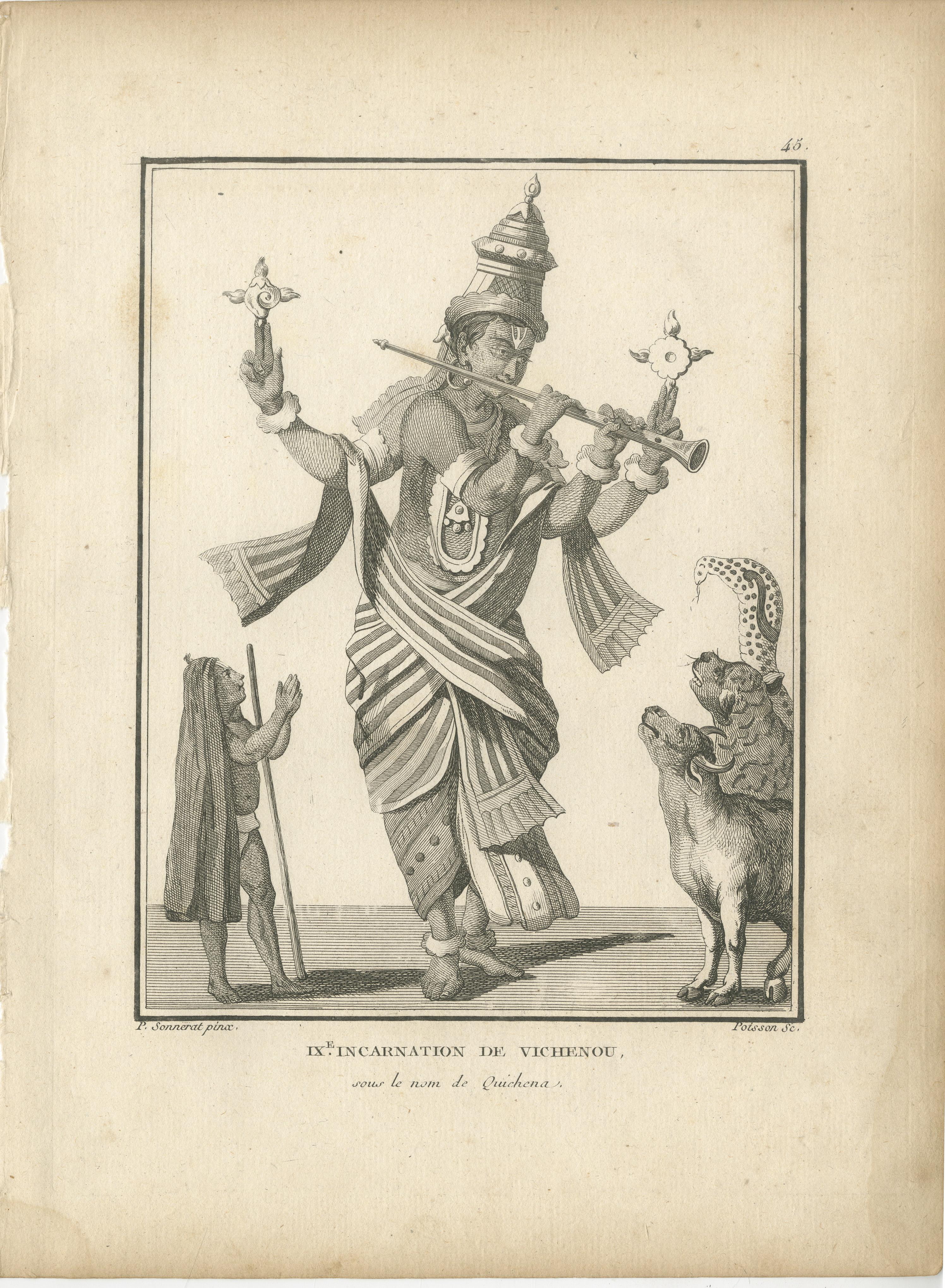 Impression ancienne unique du Bouddha Vishnu Avatar, gravure hindoue, pièce de collection, 1806 en vente 2