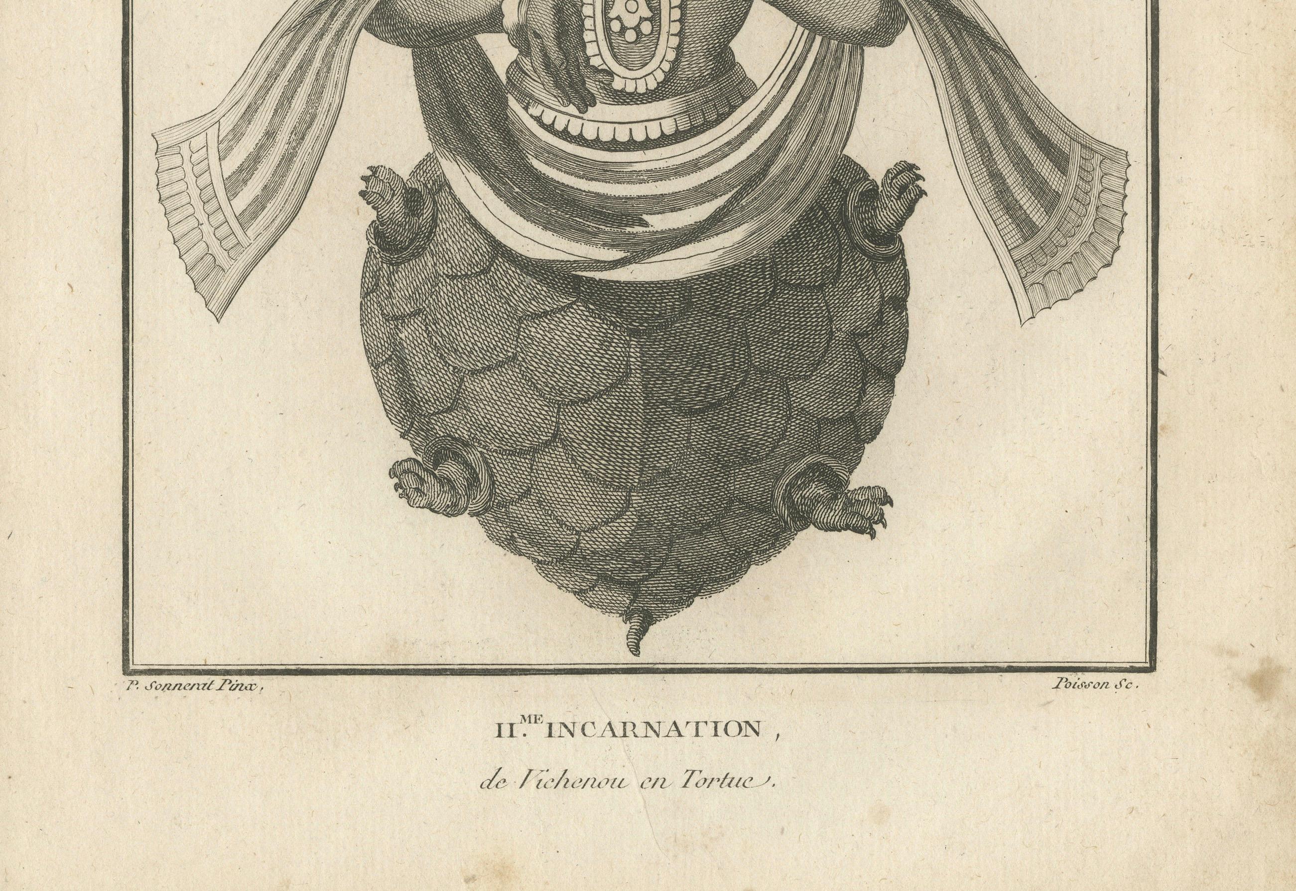 Impression ancienne unique du Avatar Kurma Vishnu 1806 en écailles de tortue - gravure hindoue Bon état - En vente à Langweer, NL