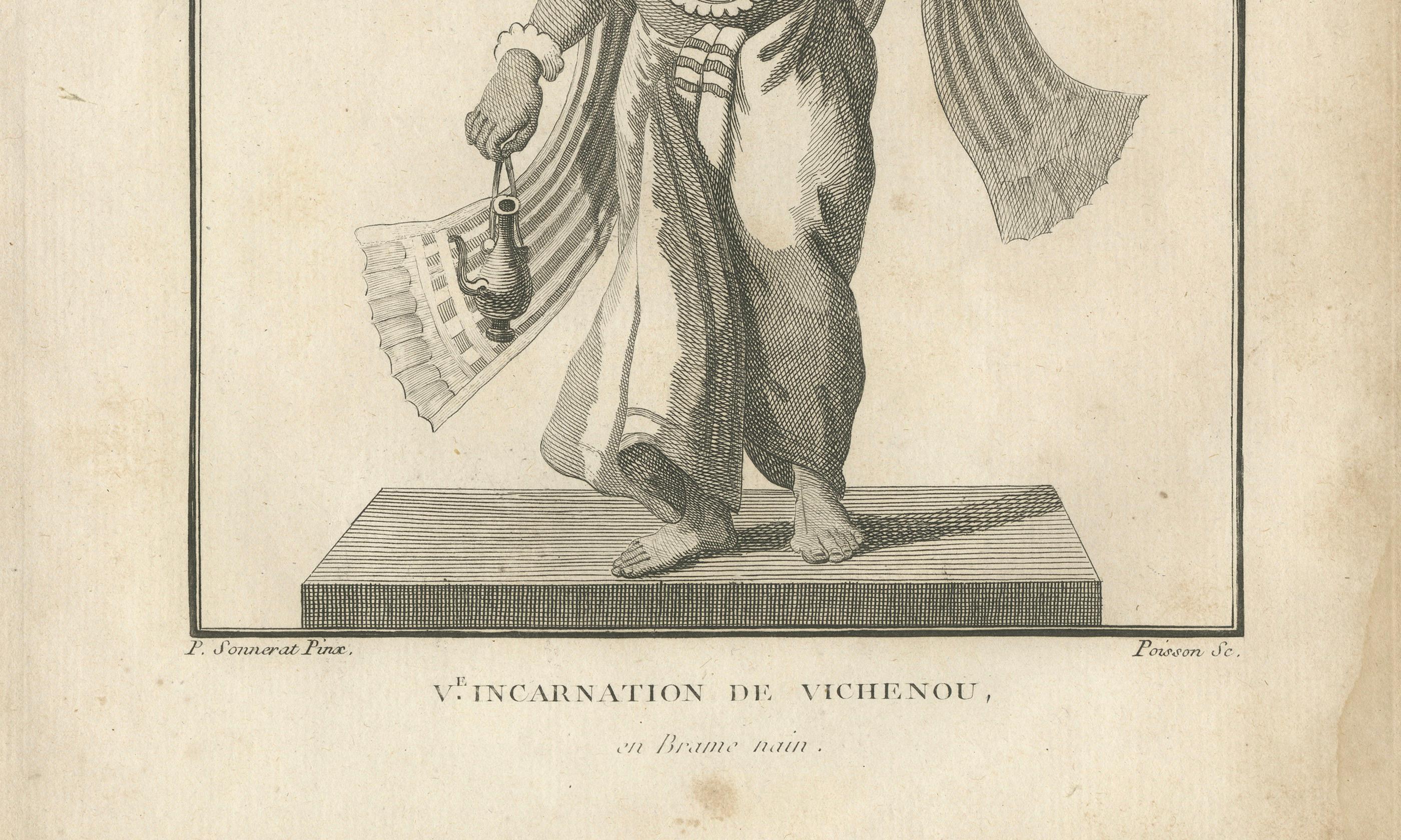 Impression ancienne unique du Avatar Vamana Vishnu d'avant la guerre de 1806 - gravure hindoue Bon état - En vente à Langweer, NL