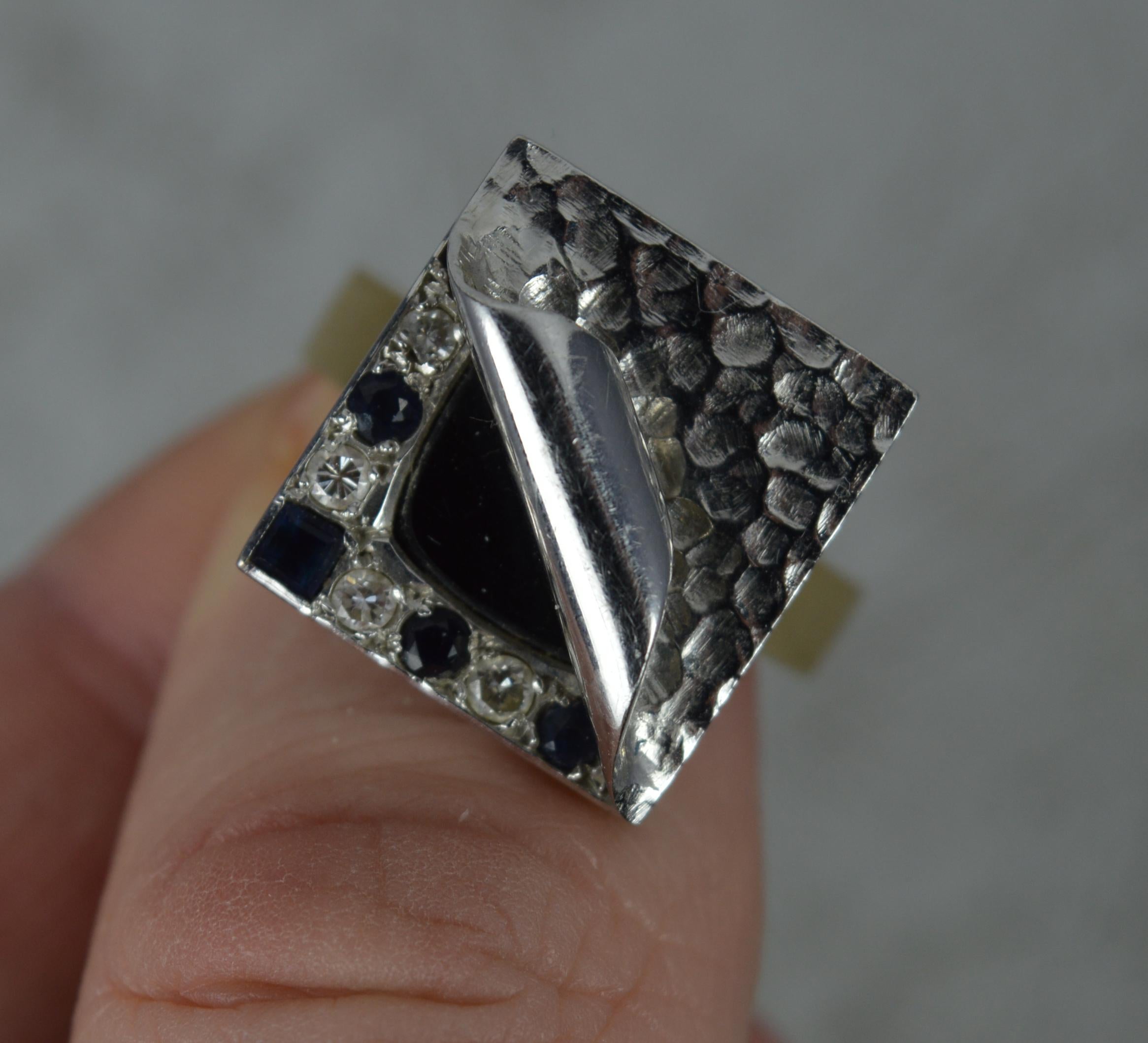 Unique 18ct Gold Onyx Diamond Sapphire Statement Ring In Good Condition In St Helens, GB