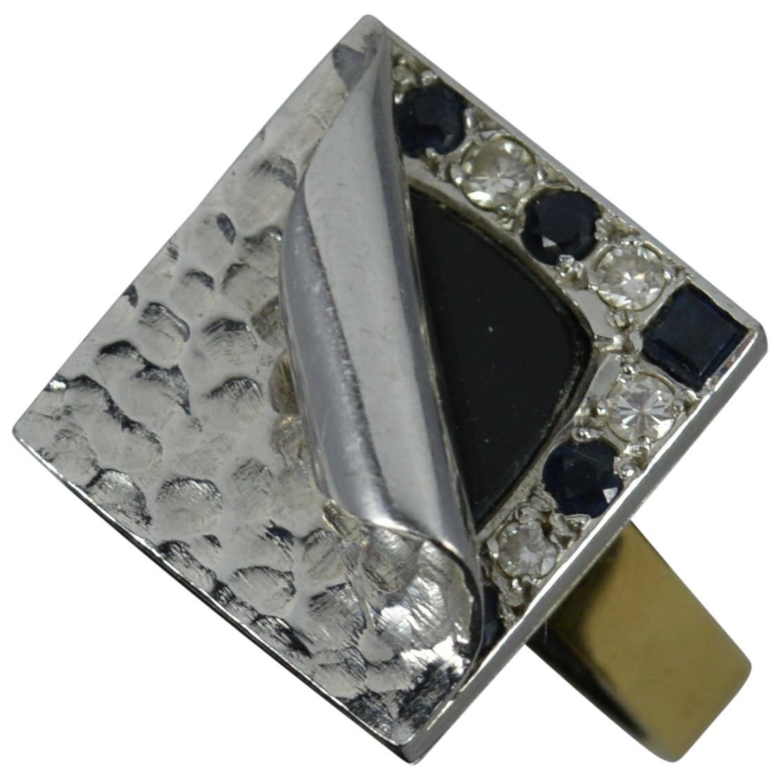 Unique 18ct Gold Onyx Diamond Sapphire Statement Ring