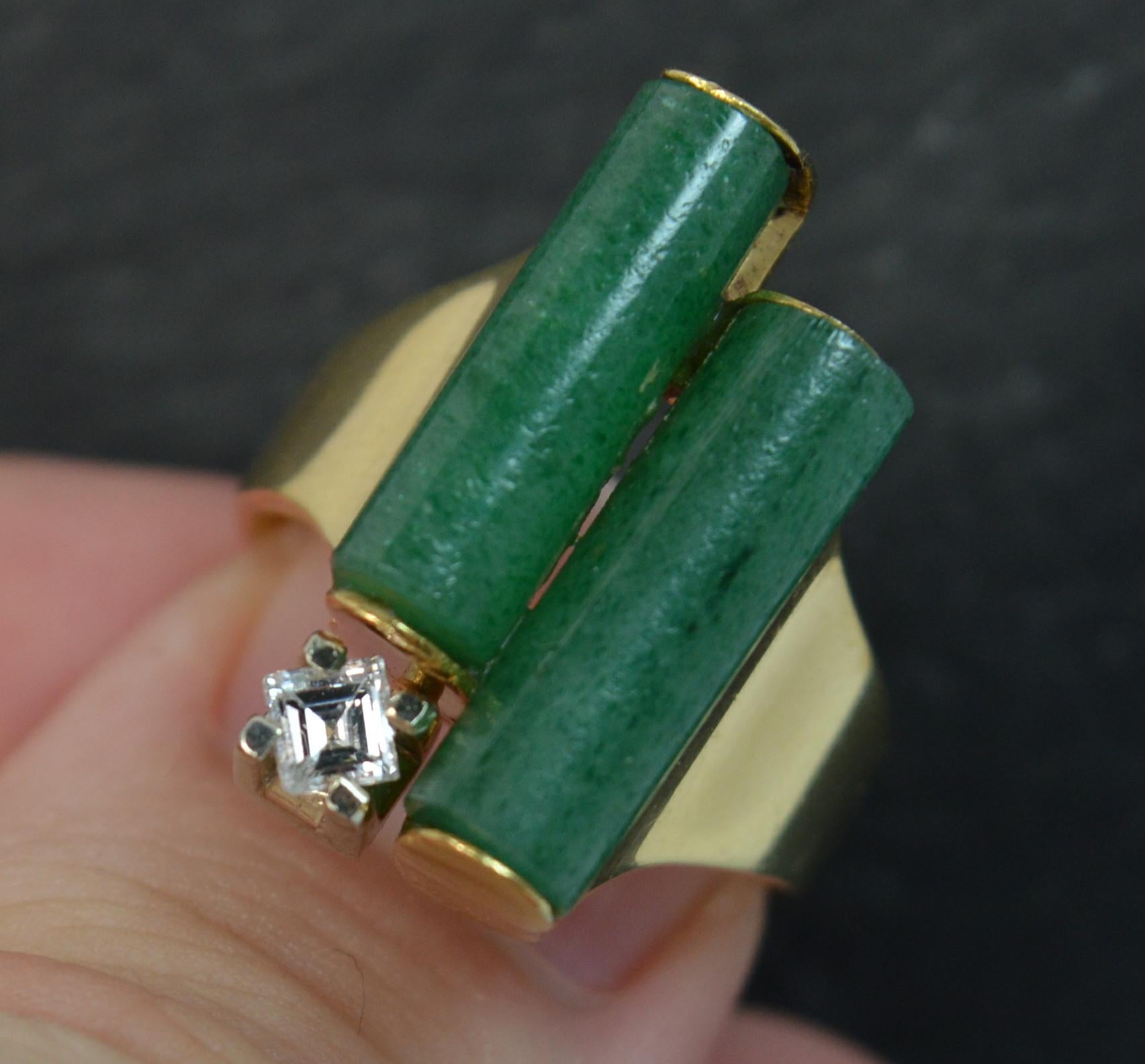 Unique 18 Carat Gold Two Jade Cylinders and VS Diamond Ring 1