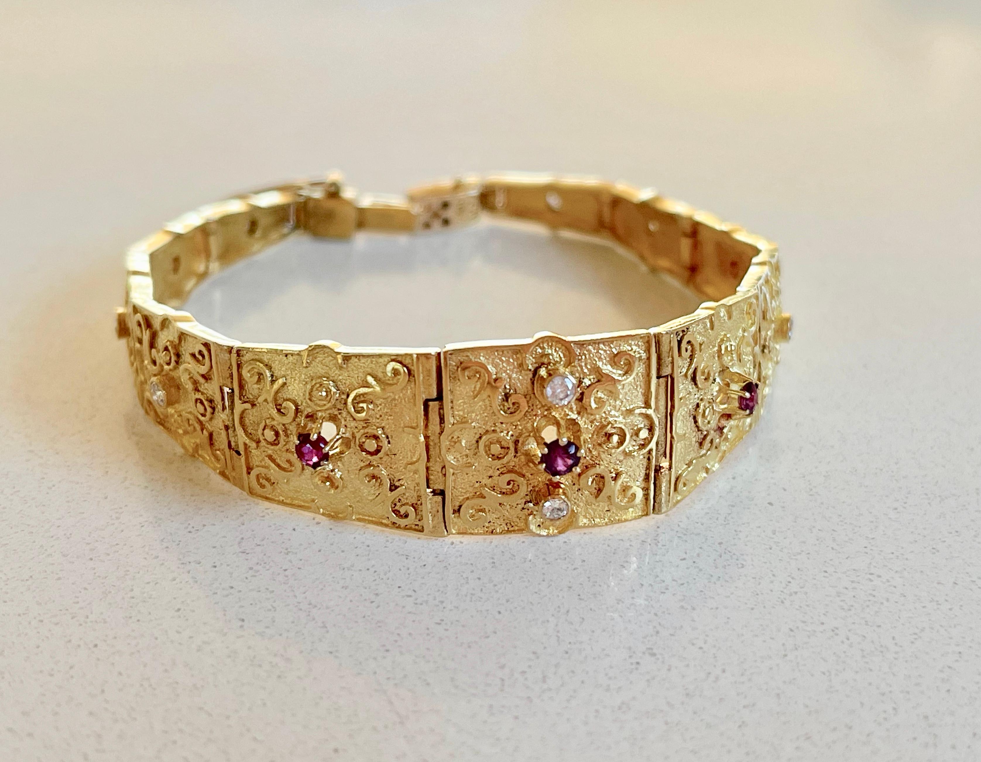 Unique 18ct Solid Gold Panel Bracelet Natural Rubies Diamonds with Valuation For Sale 5