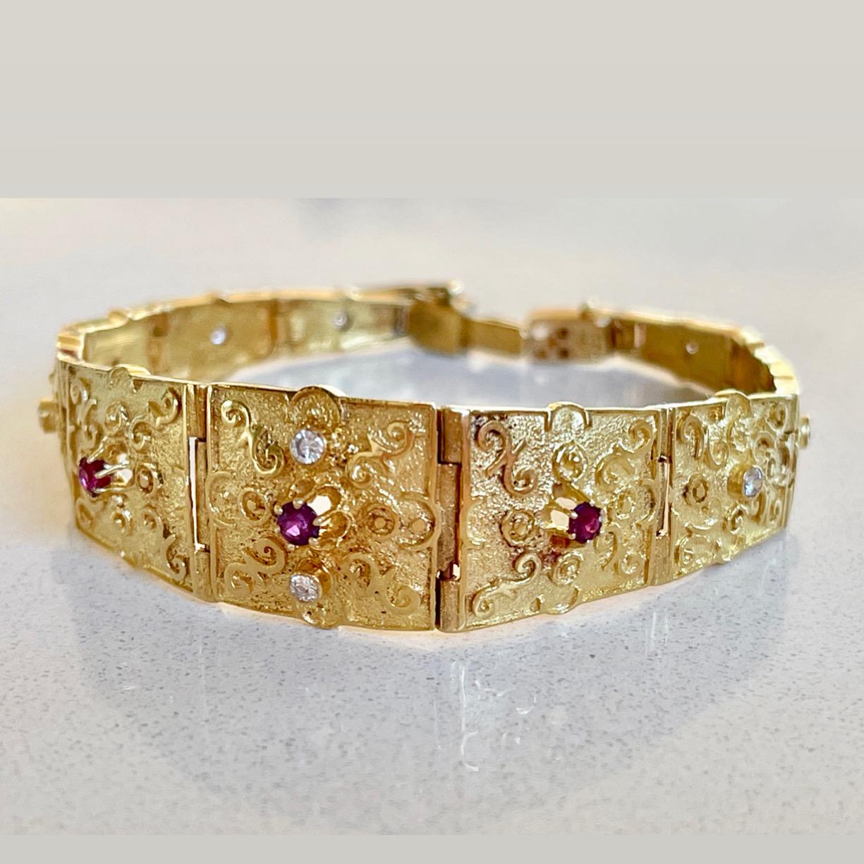 Unique 18ct Solid Gold Panel Bracelet Natural Rubies Diamonds with Valuation For Sale 6