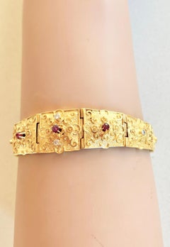 Unique 18ct Solid Gold Panel Bracelet Natural Rubies Diamonds with Valuation