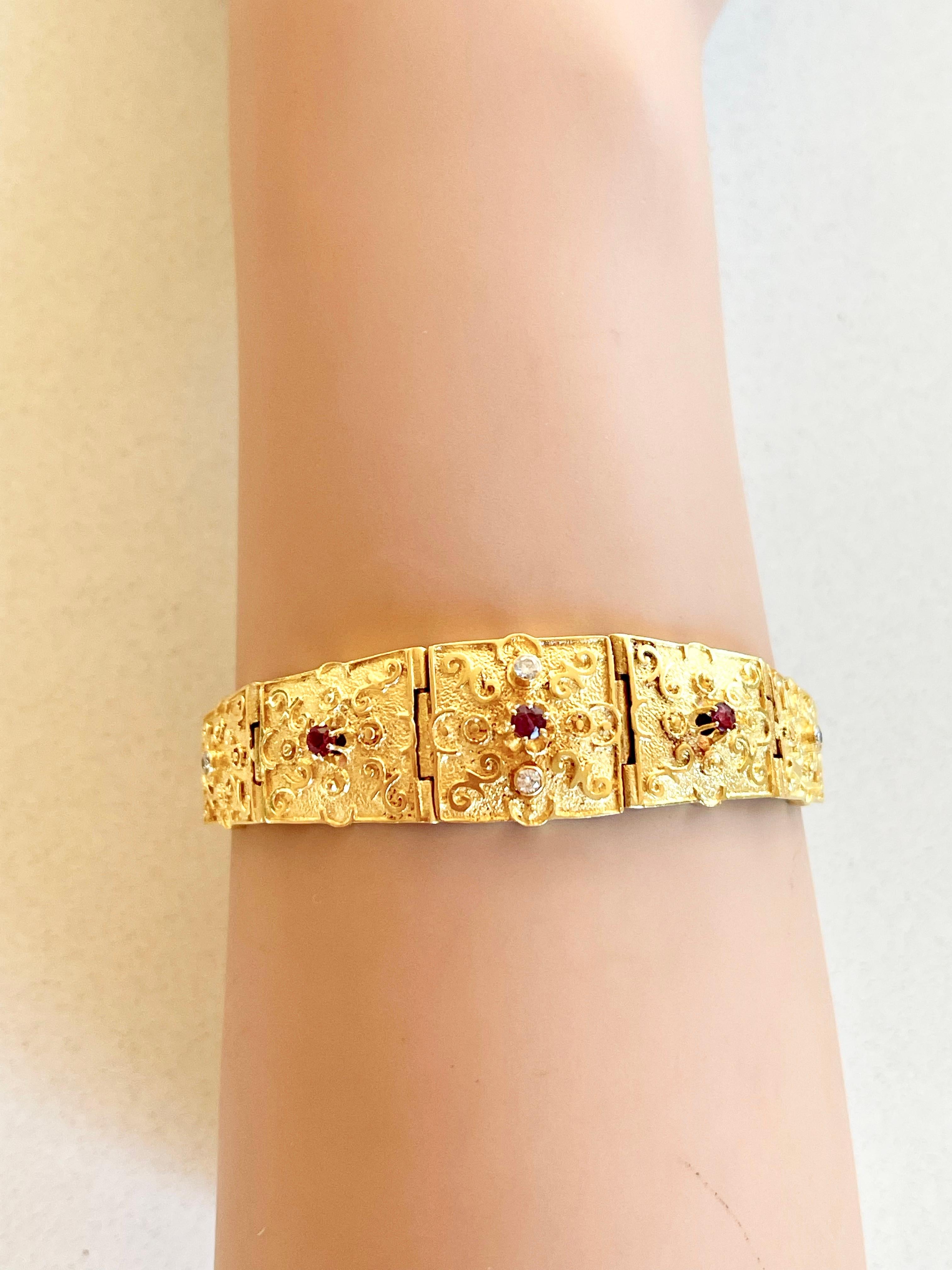 Women's Unique 18ct Solid Gold Panel Bracelet Natural Rubies Diamonds with Valuation For Sale