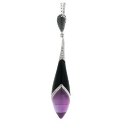 Unique 18k Gold Custom Onyx & Amethyst Diamond Teardrop Pendant Necklace