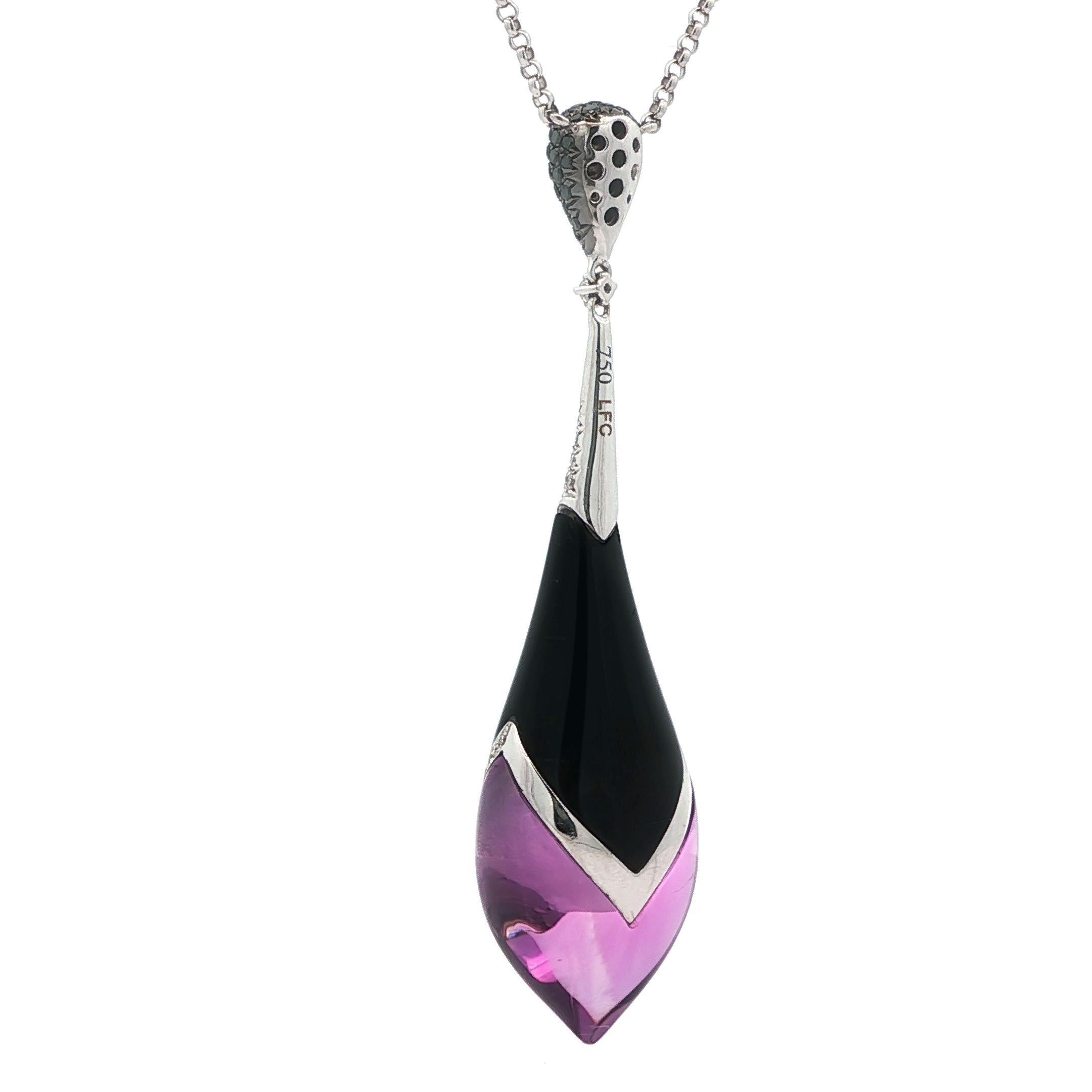 Taille cabochon Collier unique en or 18 carats avec pendentif en forme de goutte en onyx et améthyste et diamant en vente
