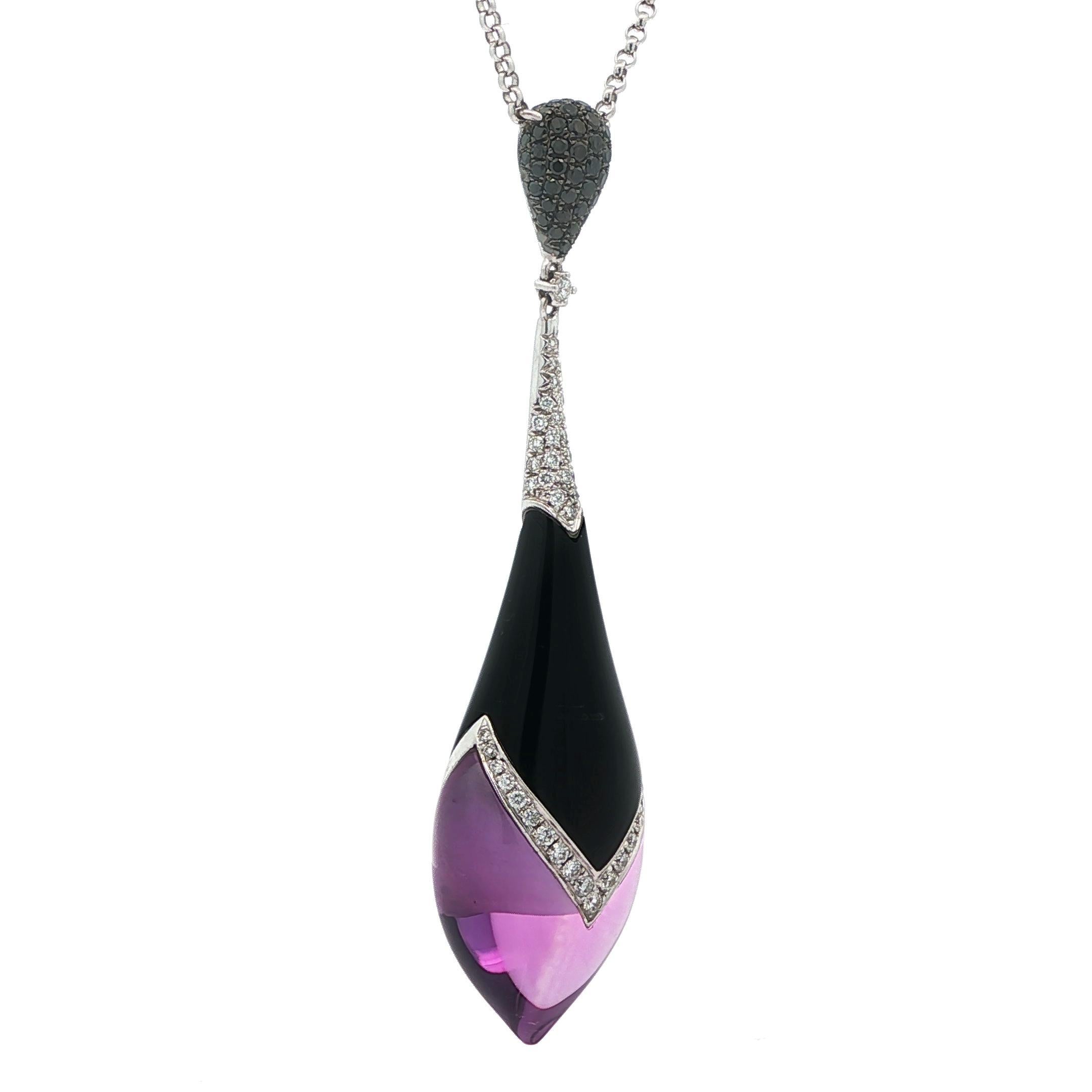 Collier unique en or 18 carats avec pendentif en forme de goutte en onyx et améthyste et diamant en vente 1