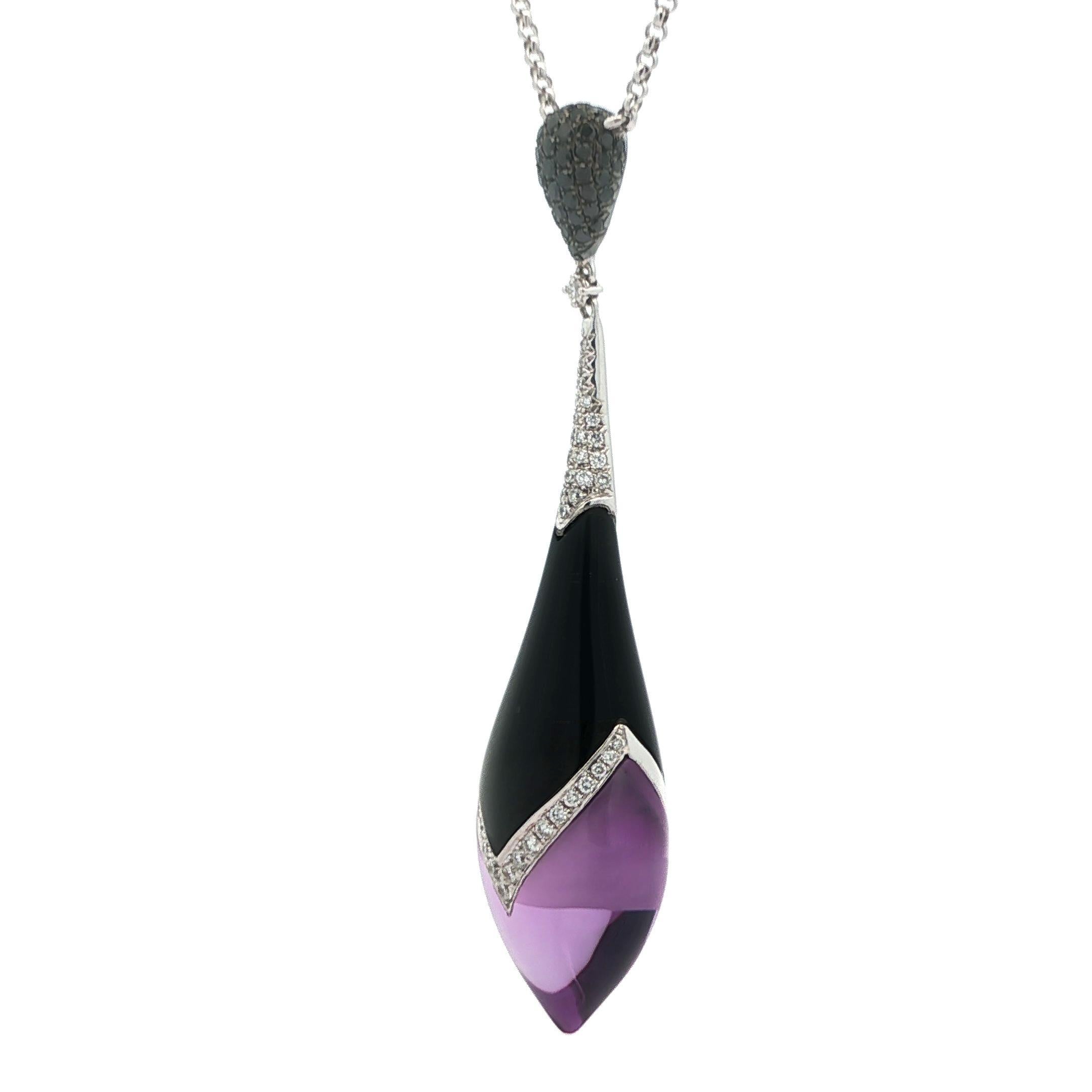 Collier unique en or 18 carats avec pendentif en forme de goutte en onyx et améthyste et diamant en vente 3