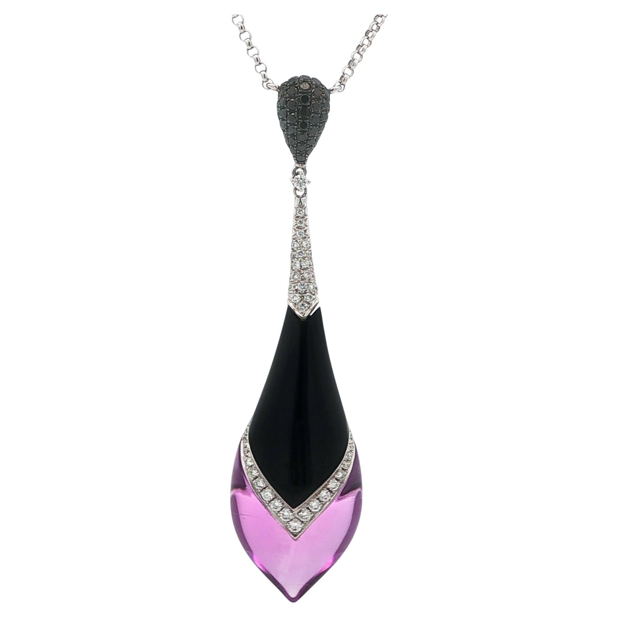 Collier unique en or 18 carats avec pendentif en forme de goutte en onyx et améthyste et diamant en vente