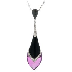 Unique 18k Gold Custom Onyx & Amethyst Diamond Teardrop Pendant Necklace