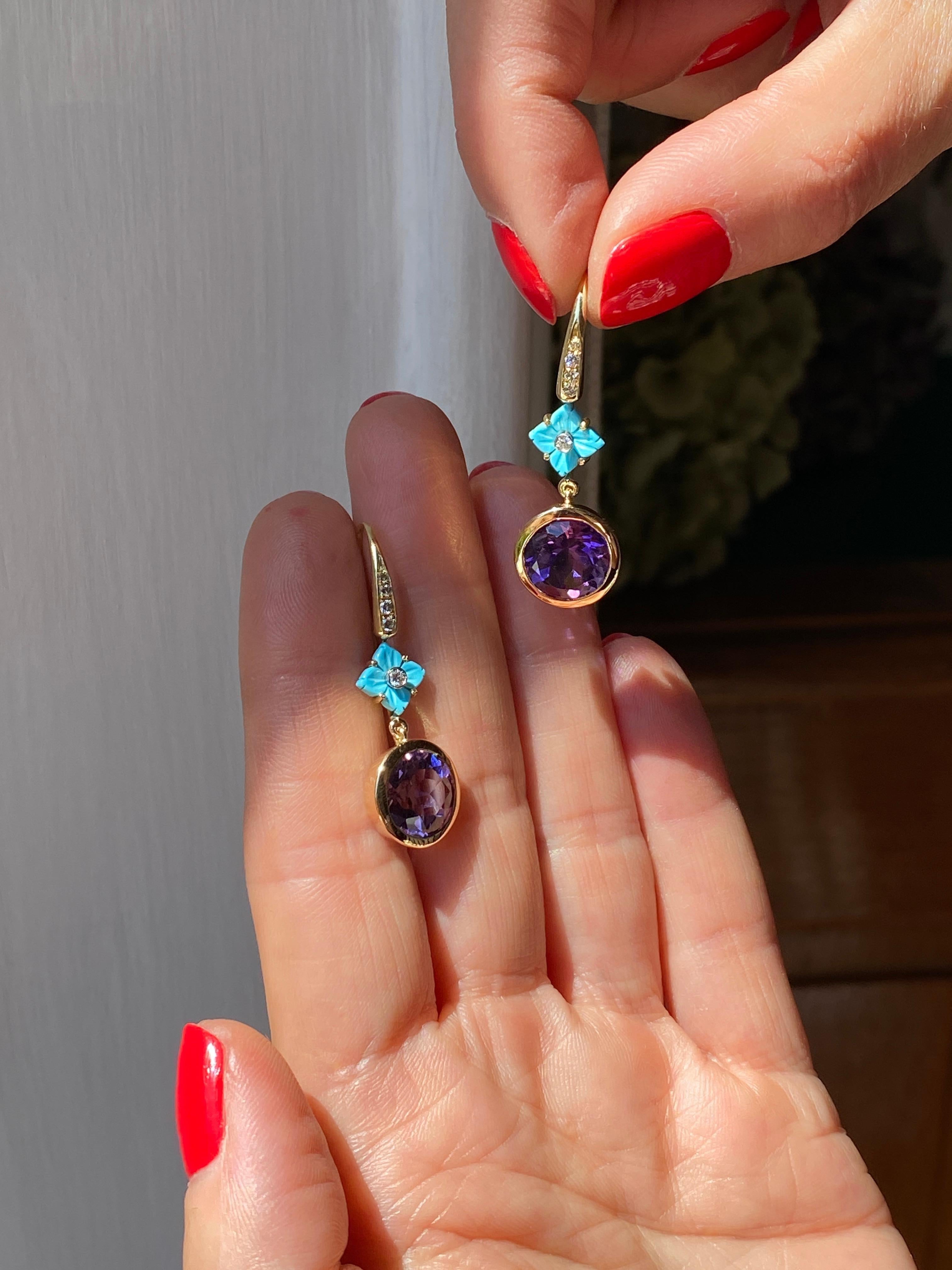 Unique 18k Gold Earrings Turquoise Flower Amethyst Diamonds Handcrafted in Italy For Sale 3