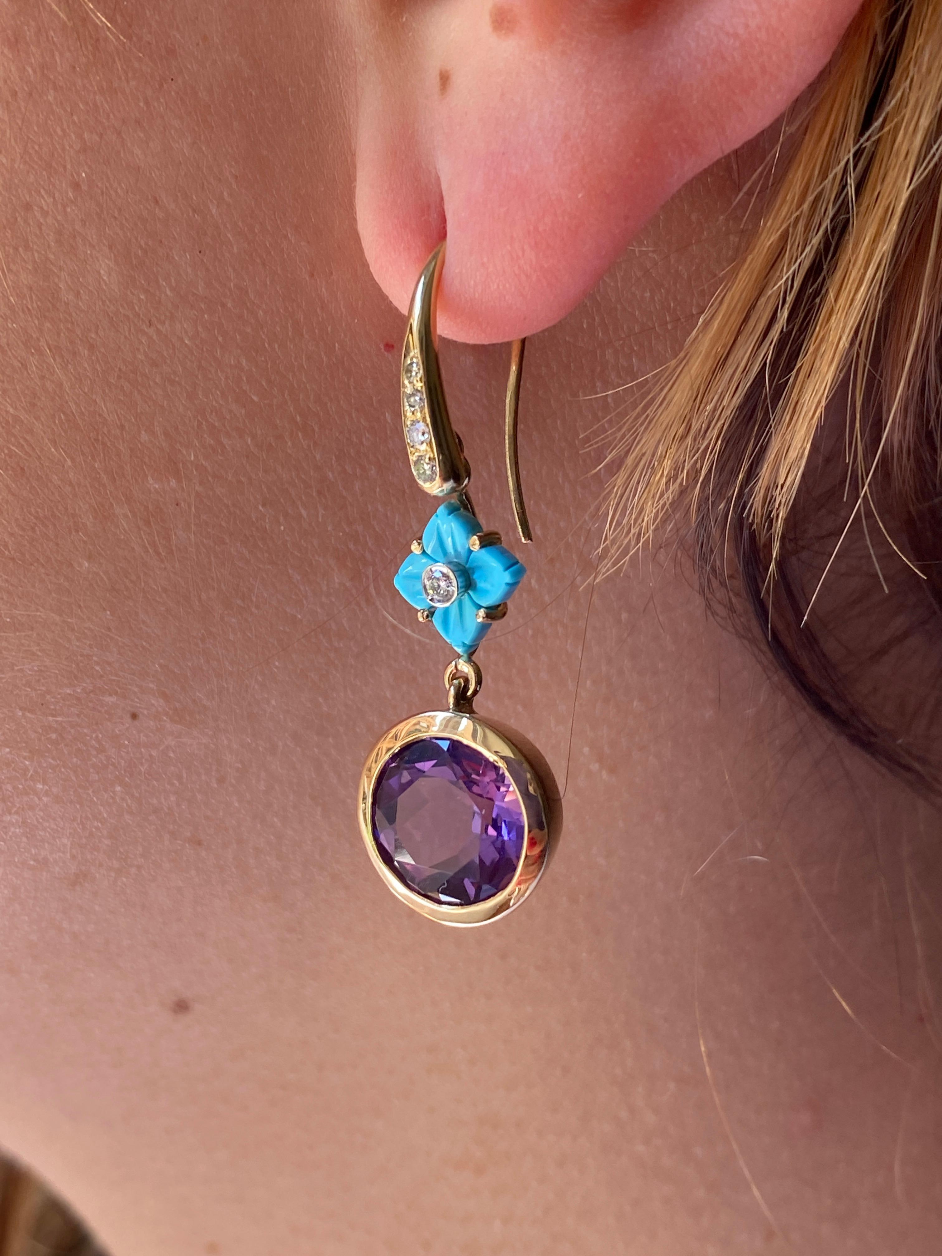 Unique 18k Gold Earrings Turquoise Flower Amethyst Diamonds Handcrafted in Italy For Sale 4