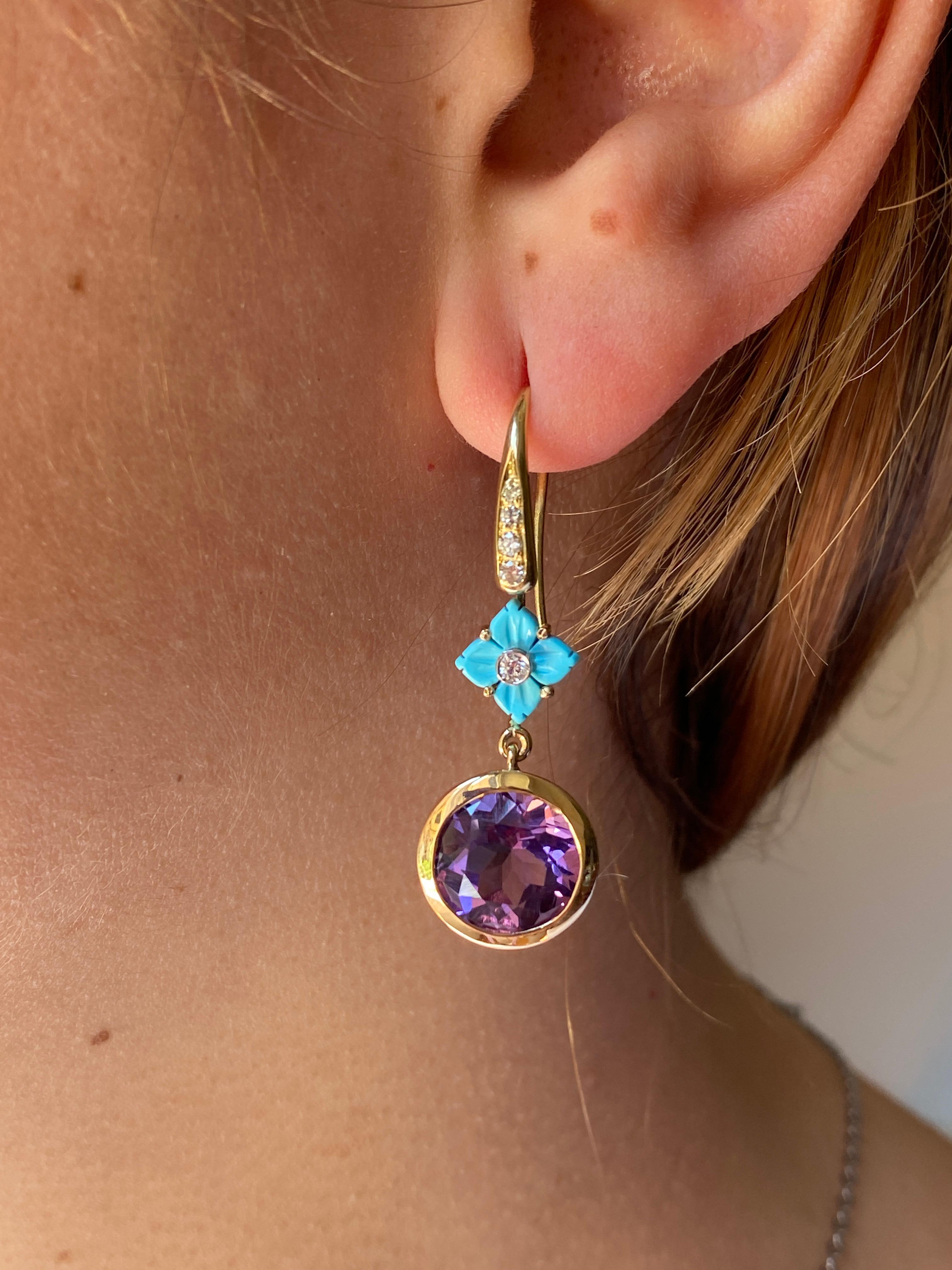 Introducing the Rossella Ugolini 18K Yellow Gold Handcrafted Earrings, a captivating masterpiece meticulously crafted in Italy. These one-of-a-kind earrings feature a mesmerizing little turquoise flower design adorned with dazzling amethyst and