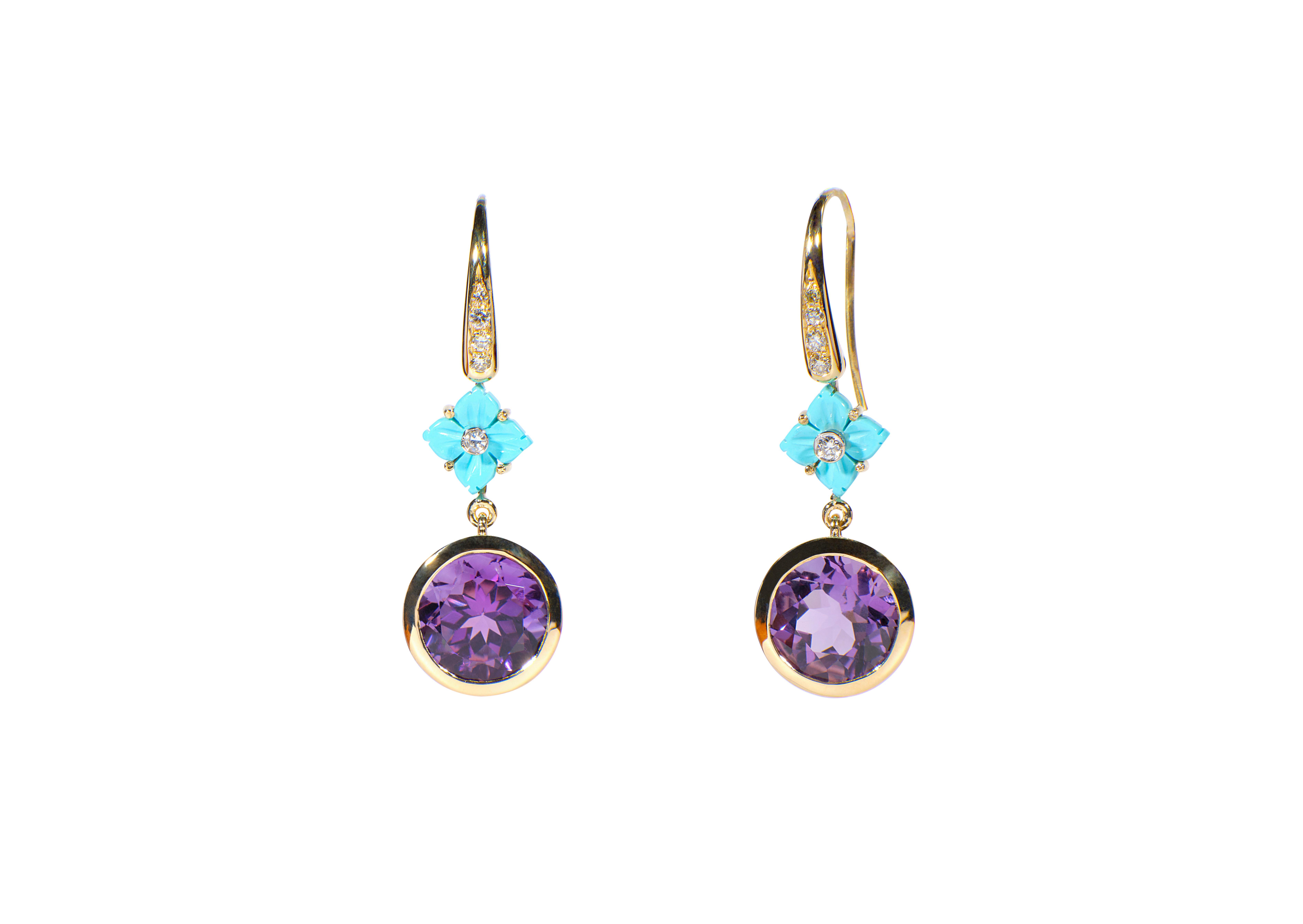 Unique 18k Gold Earrings Turquoise Flower Amethyst Diamonds Handcrafted in Italy In New Condition For Sale In Rome, IT