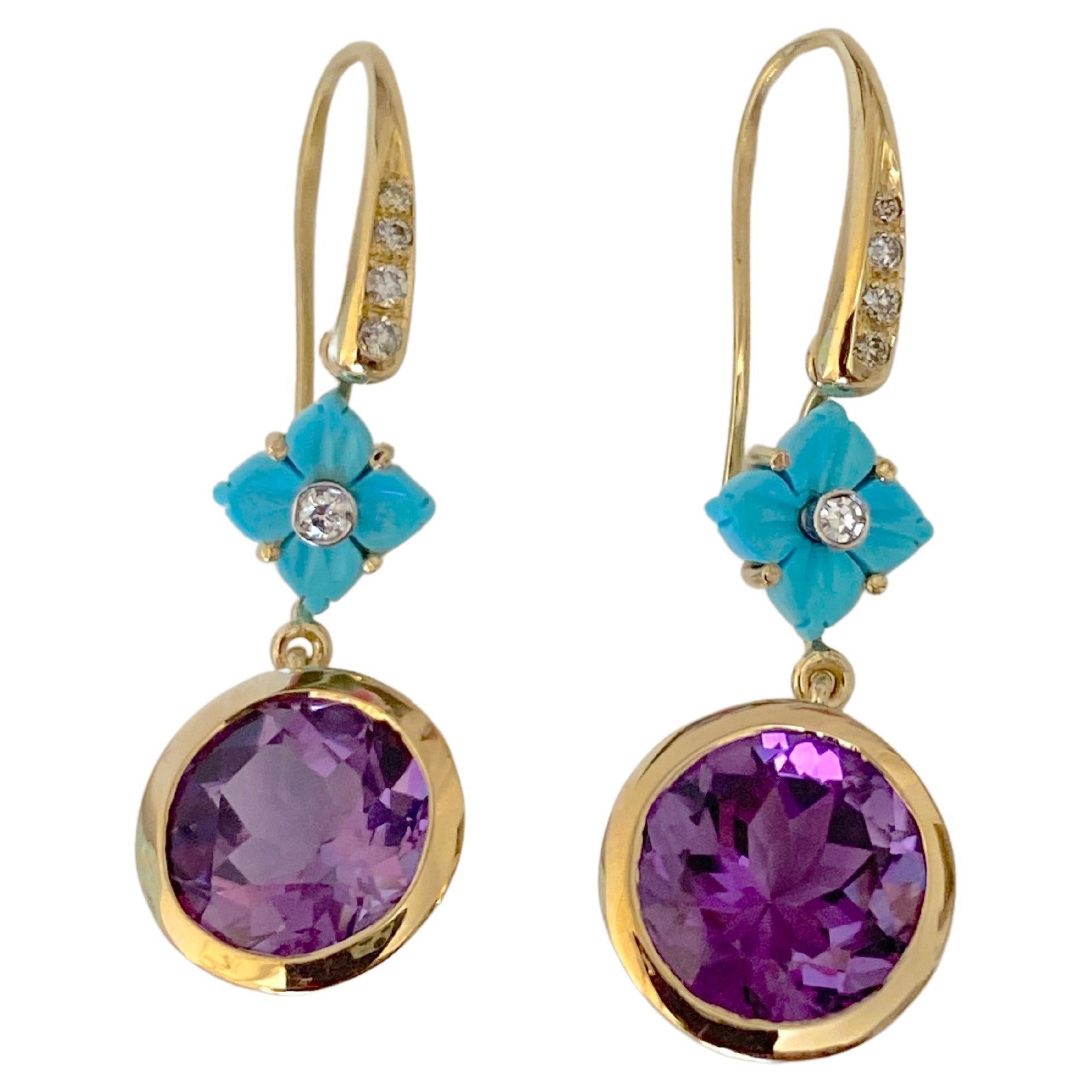 Unique 18k Gold Earrings Turquoise Flower Amethyst Diamonds Handcrafted in Italy For Sale 2