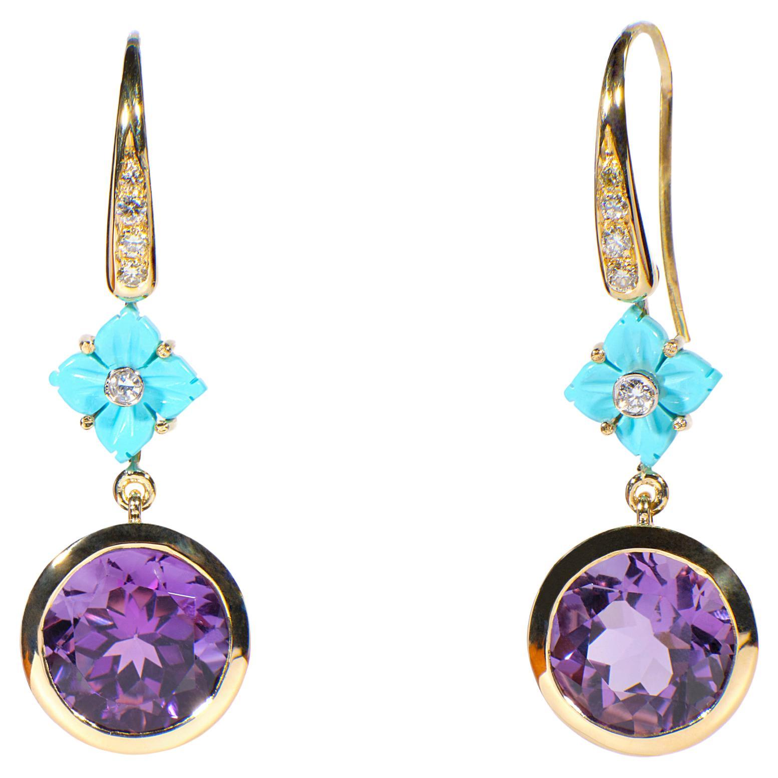 Unique 18k Gold Earrings Turquoise Flower Amethyst Diamonds Handcrafted in Italy