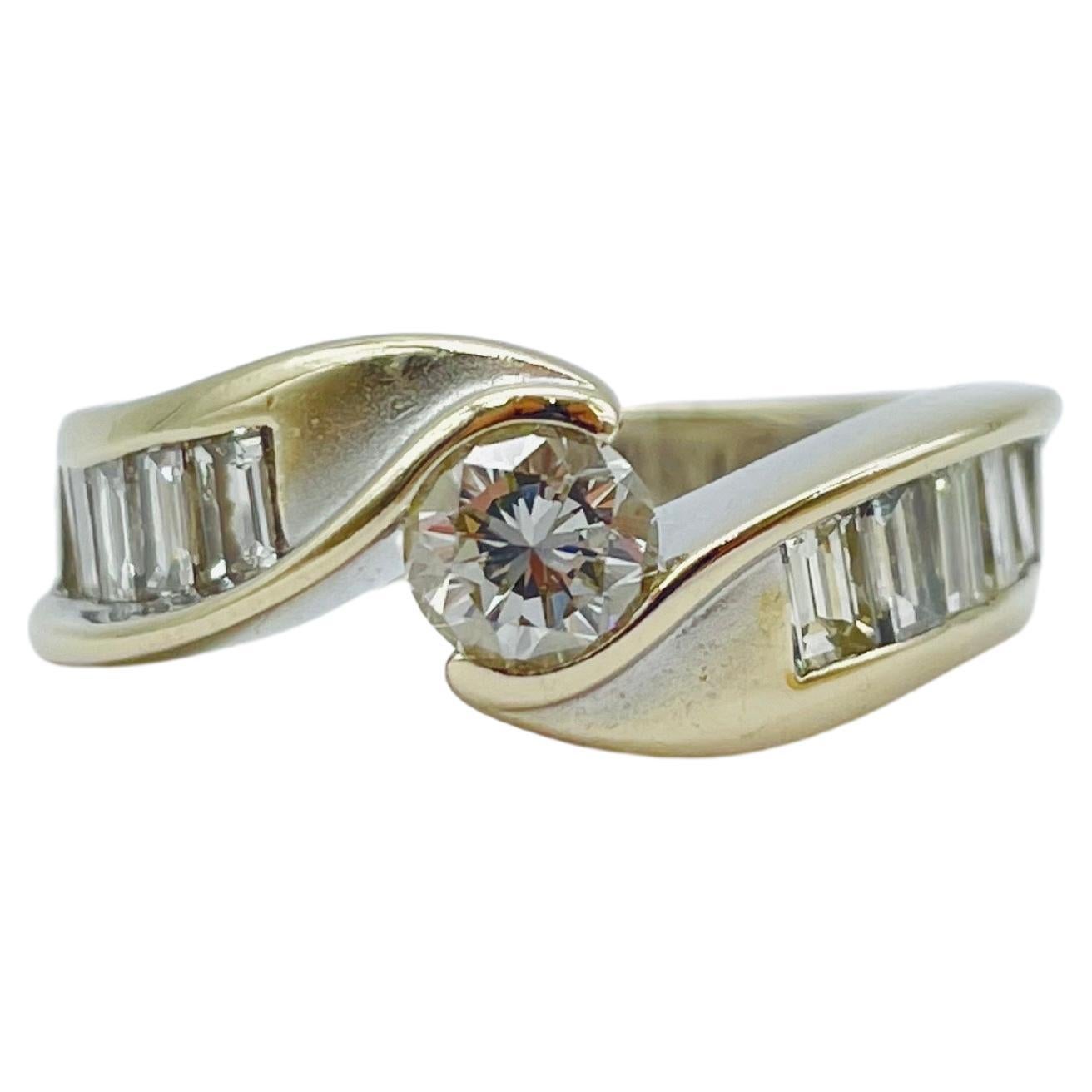 Unique 18k Gold Ring, 0.50 Carat Diamond and 8 Baguette, White/Yellow Gold For Sale