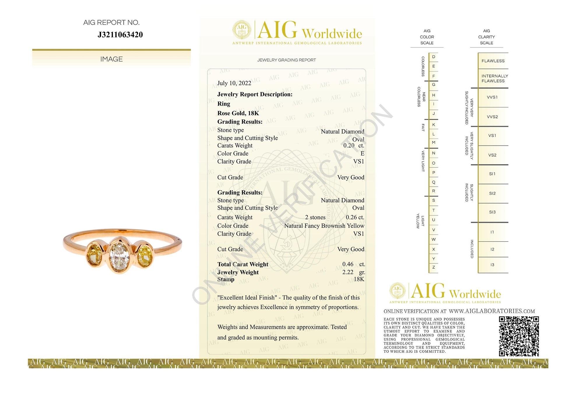 Oval Cut Unique 18K Rose Gold 3 Stone Ring with 0.46 ct Natural Diamonds- AIG Certificate