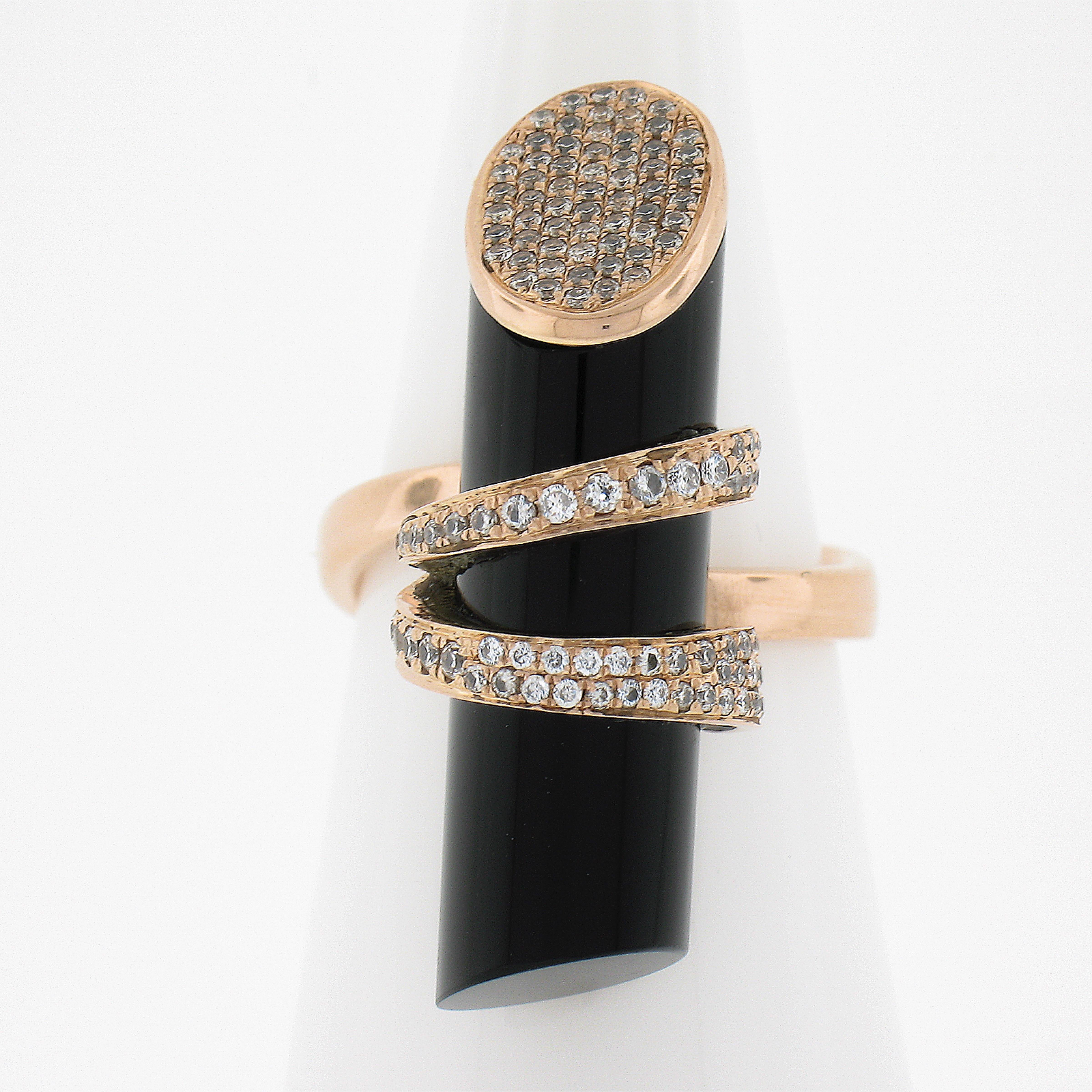 --Stone(s):--
(1) Natural Genuine Black Onyx - Tube Unique Cut - Black Color - 28.6x8mm (approx.)
Numerous Natural Genuine Diamonds - Round Brilliant Cut - Pave Set - 0.46ctw (exact stamped)

Material: Solid 18k Rose Gold
Weight: 8.44 Grams
Ring