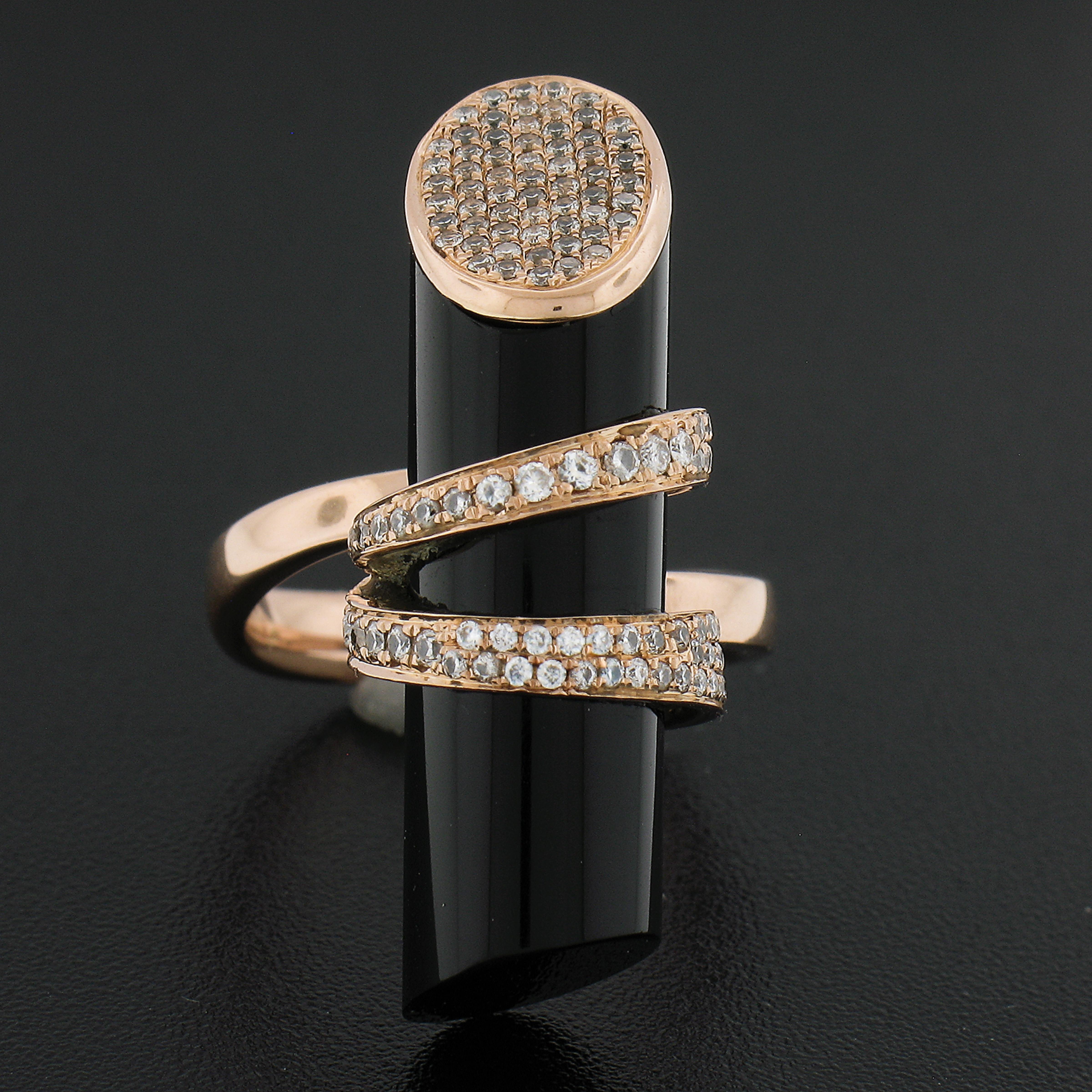 Round Cut Unique 18k Rose Gold Tube Black Onyx W/ 0.46ctw Diamond Wrap Design Ring For Sale