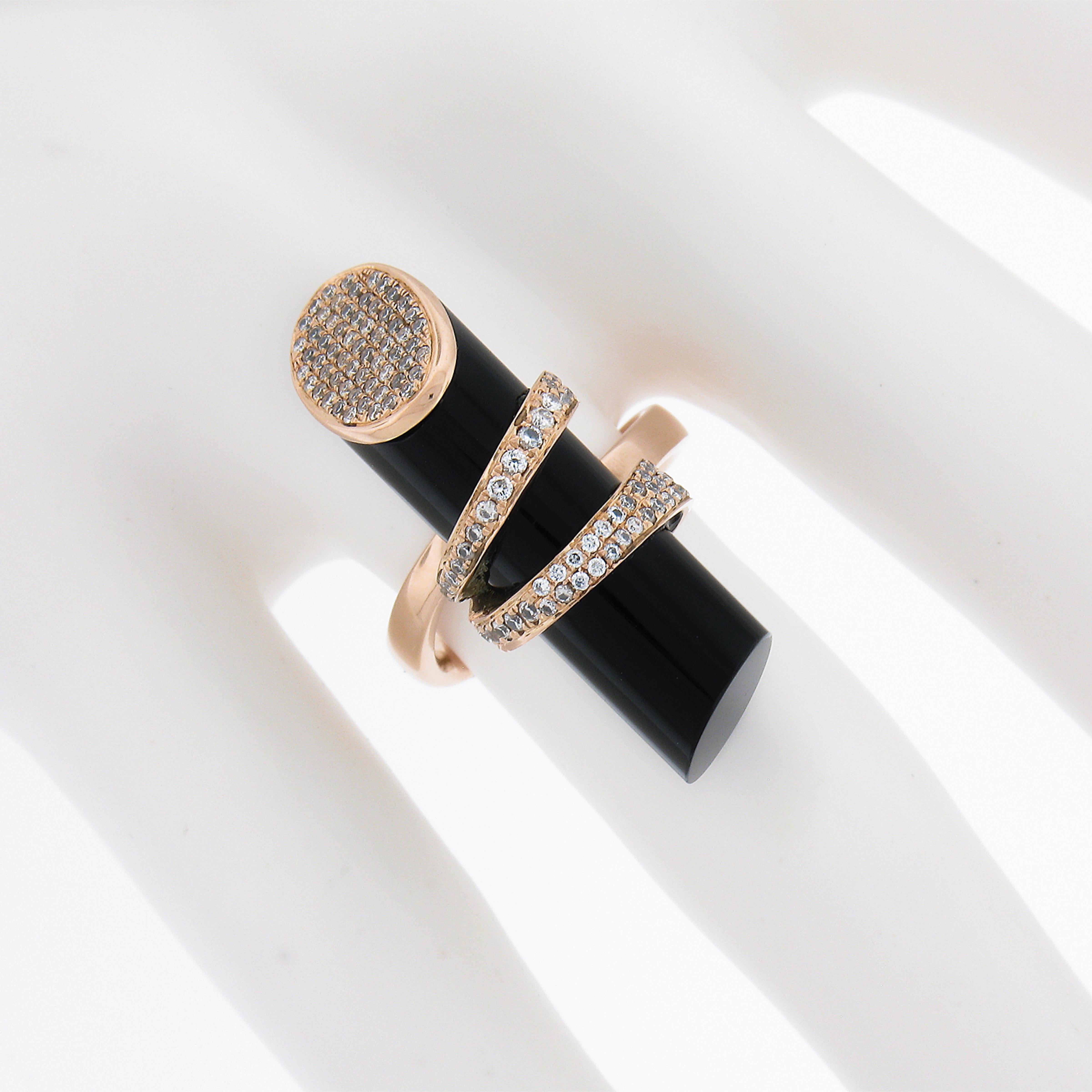 Unique 18k Rose Gold Tube Black Onyx W/ 0.46ctw Diamond Wrap Design Ring In Excellent Condition For Sale In Montclair, NJ