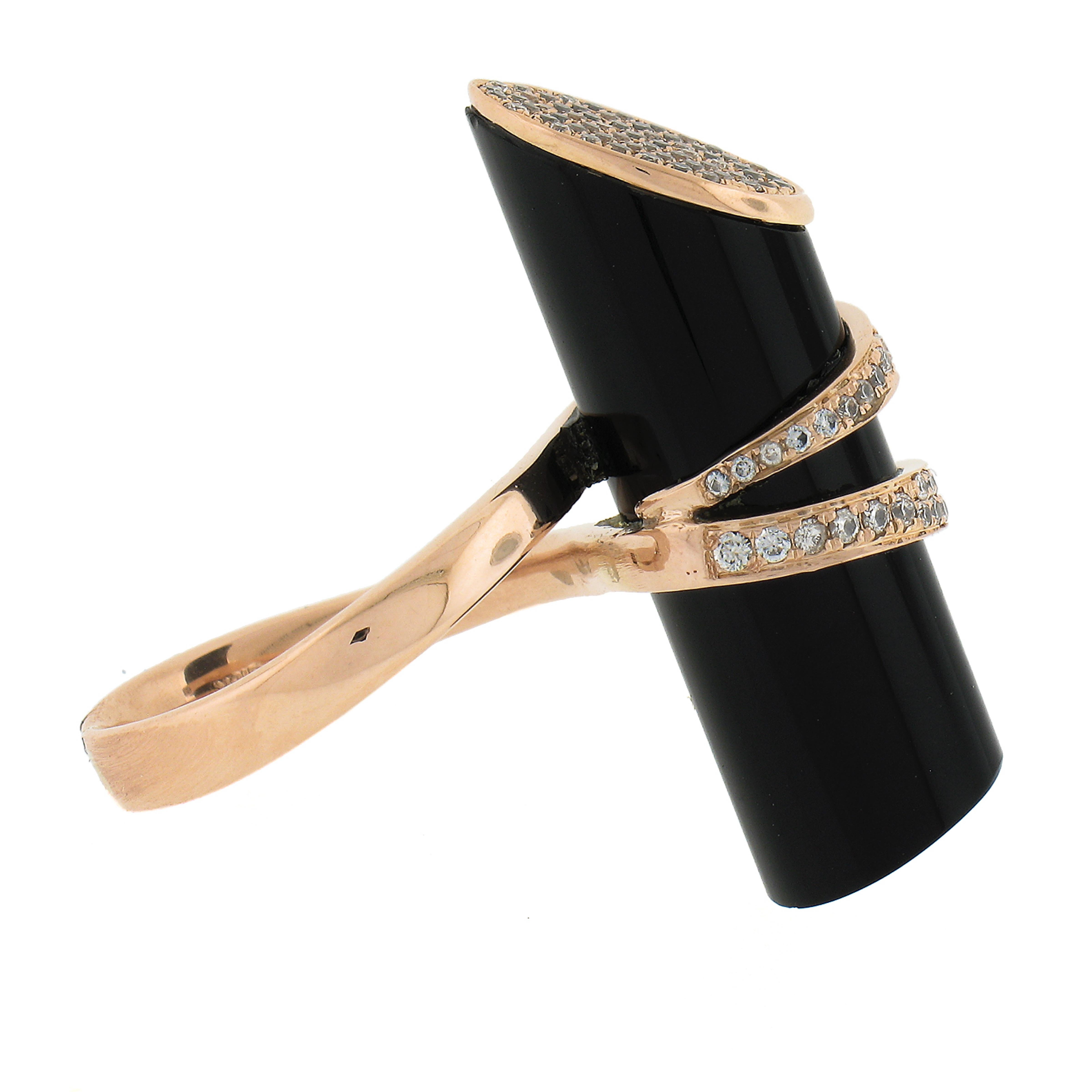 Women's Unique 18k Rose Gold Tube Black Onyx W/ 0.46ctw Diamond Wrap Design Ring For Sale