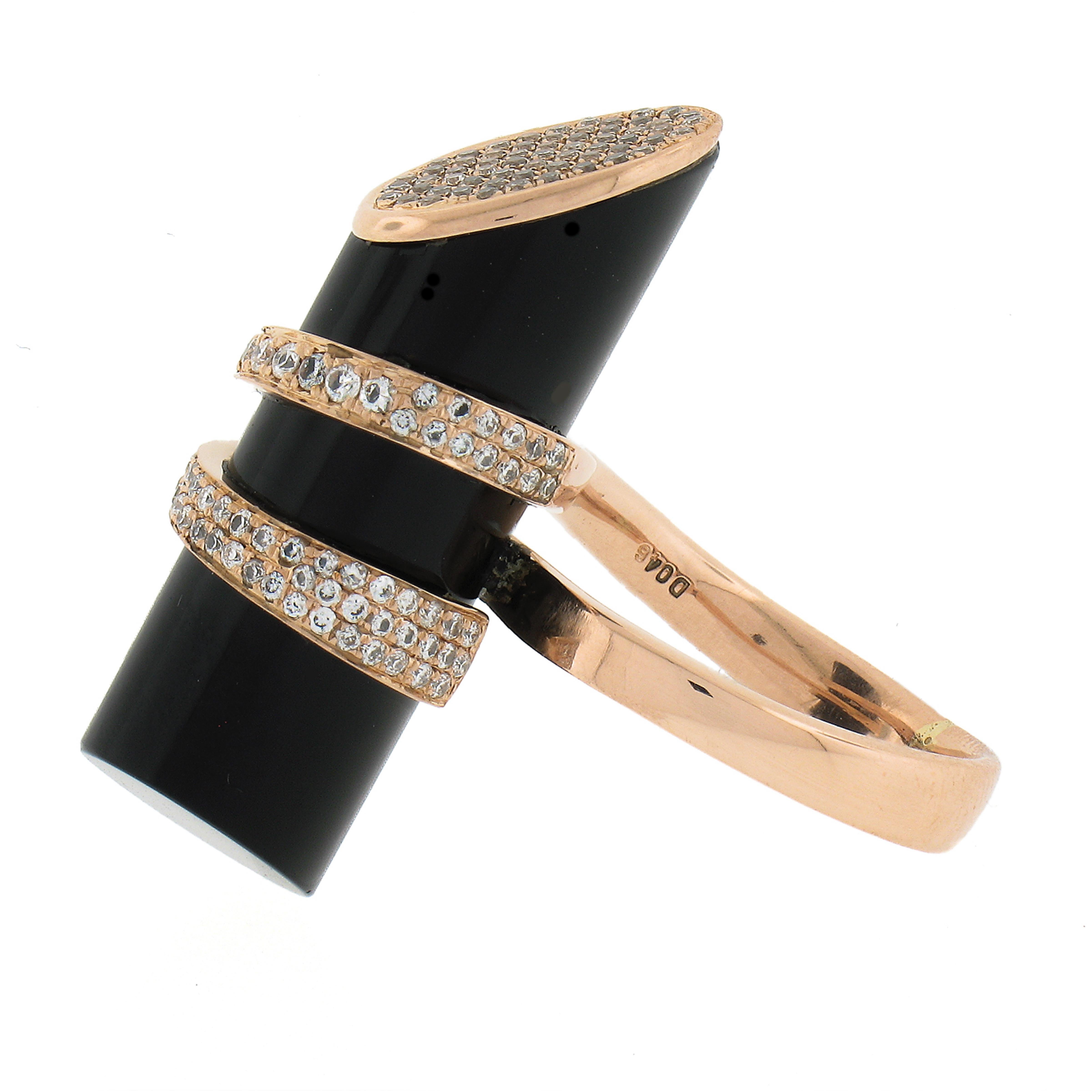 Unique 18k Rose Gold Tube Black Onyx W/ 0.46ctw Diamond Wrap Design Ring For Sale 1