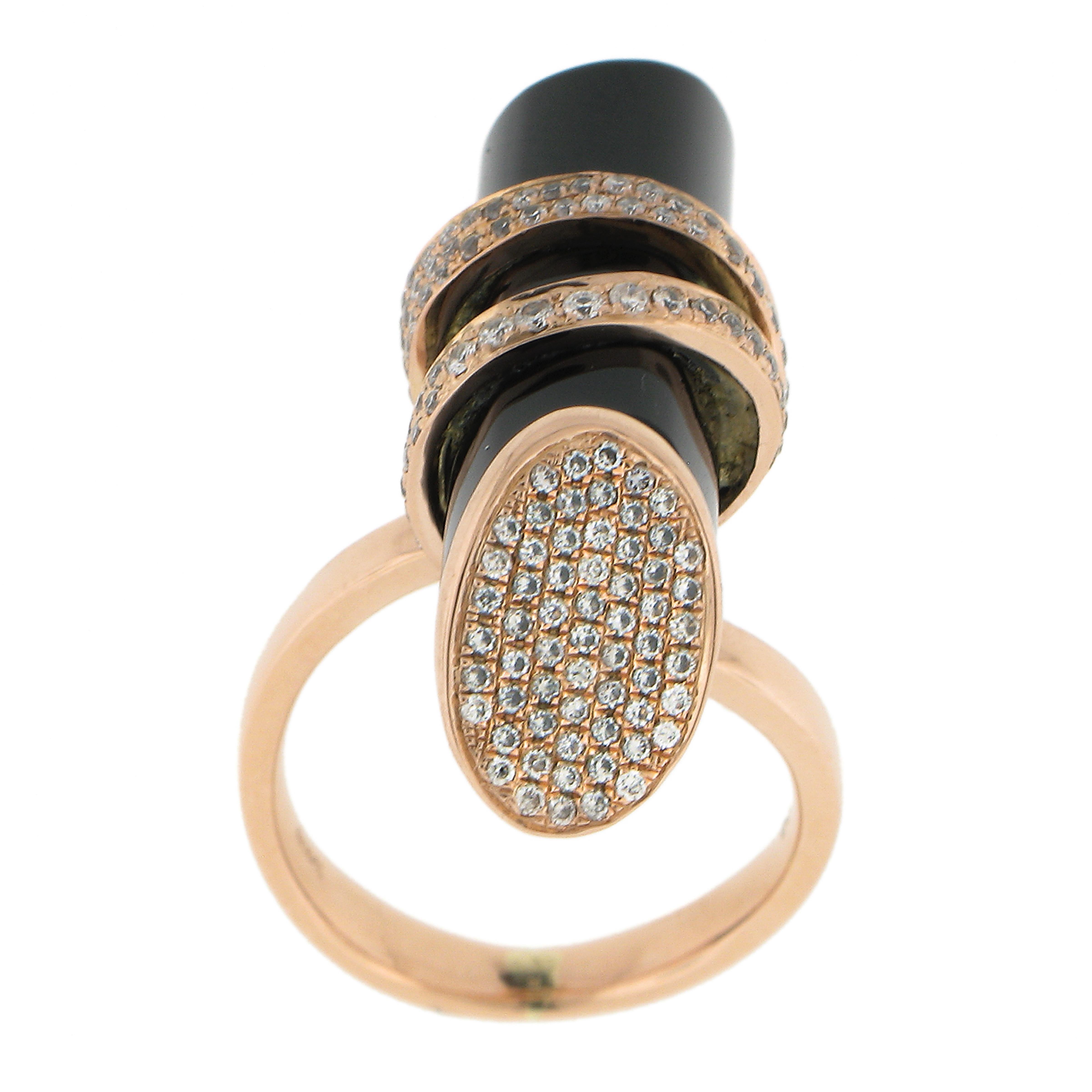Unique 18k Rose Gold Tube Black Onyx W/ 0.46ctw Diamond Wrap Design Ring For Sale 2