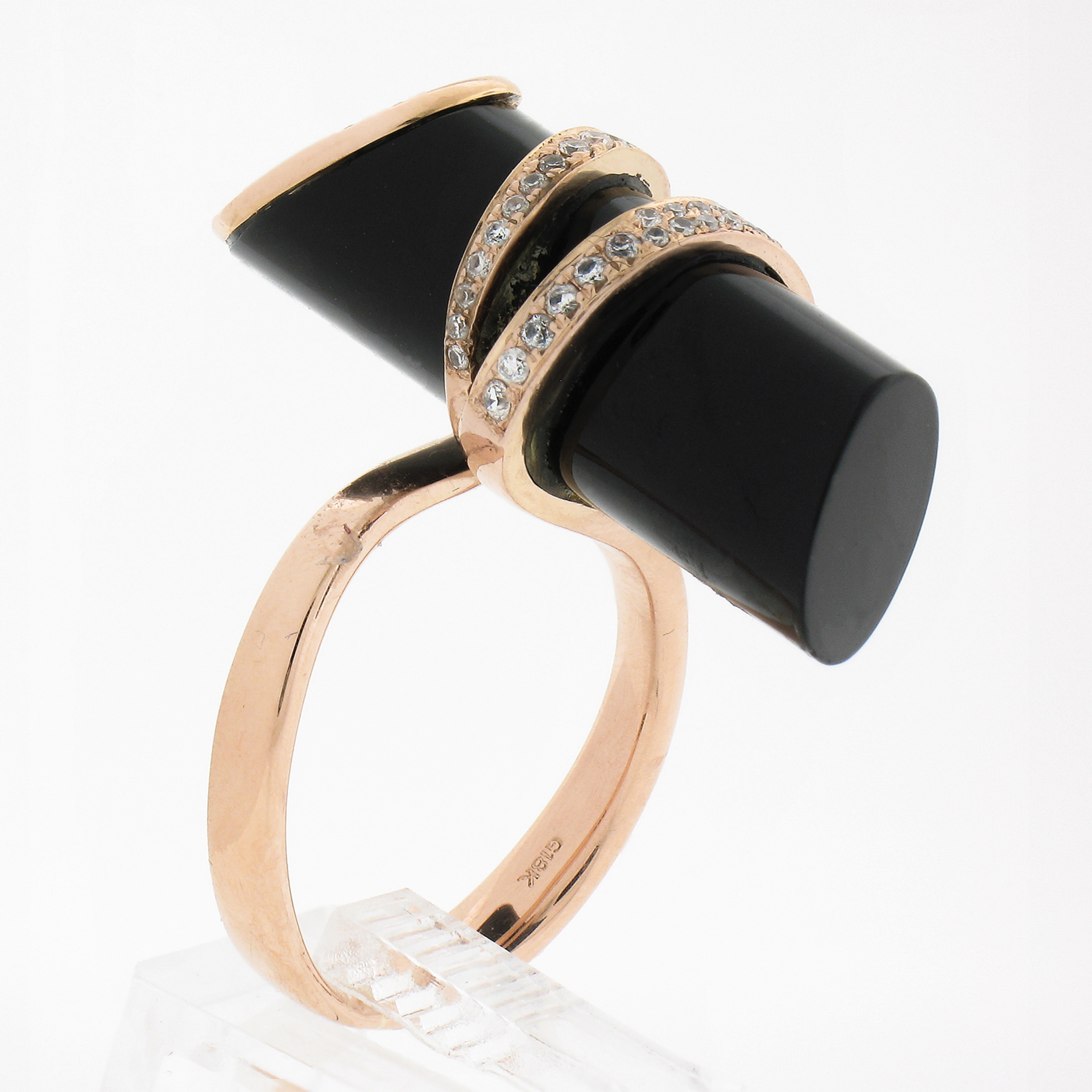 Unique 18k Rose Gold Tube Black Onyx W/ 0.46ctw Diamond Wrap Design Ring For Sale 3