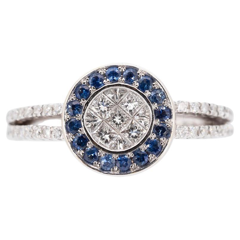 Unique 18K White Gold Diamond Ring with 0.71 Ct Natural Diamonds and Sapphire