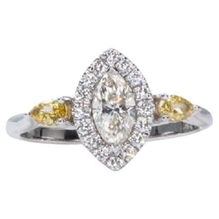 Unique 18K White Gold Halo Marquise Ring with 0.49 Ct Natural Diamonds, AIG Cert