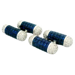 Unique 18k White Gold Mystery Set Sapphire Diamond Dual Cylinder Bar Cufflinks